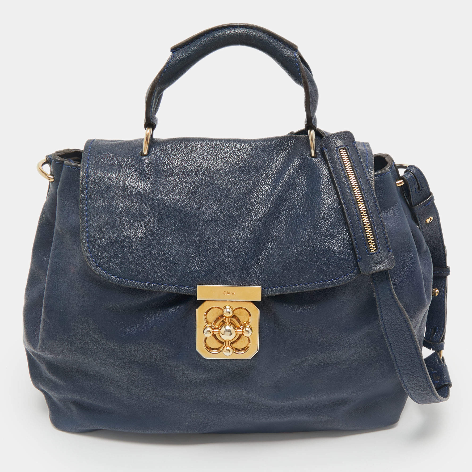 Chloe Navy Blue Leather Medium Elsie Top Handle Bag