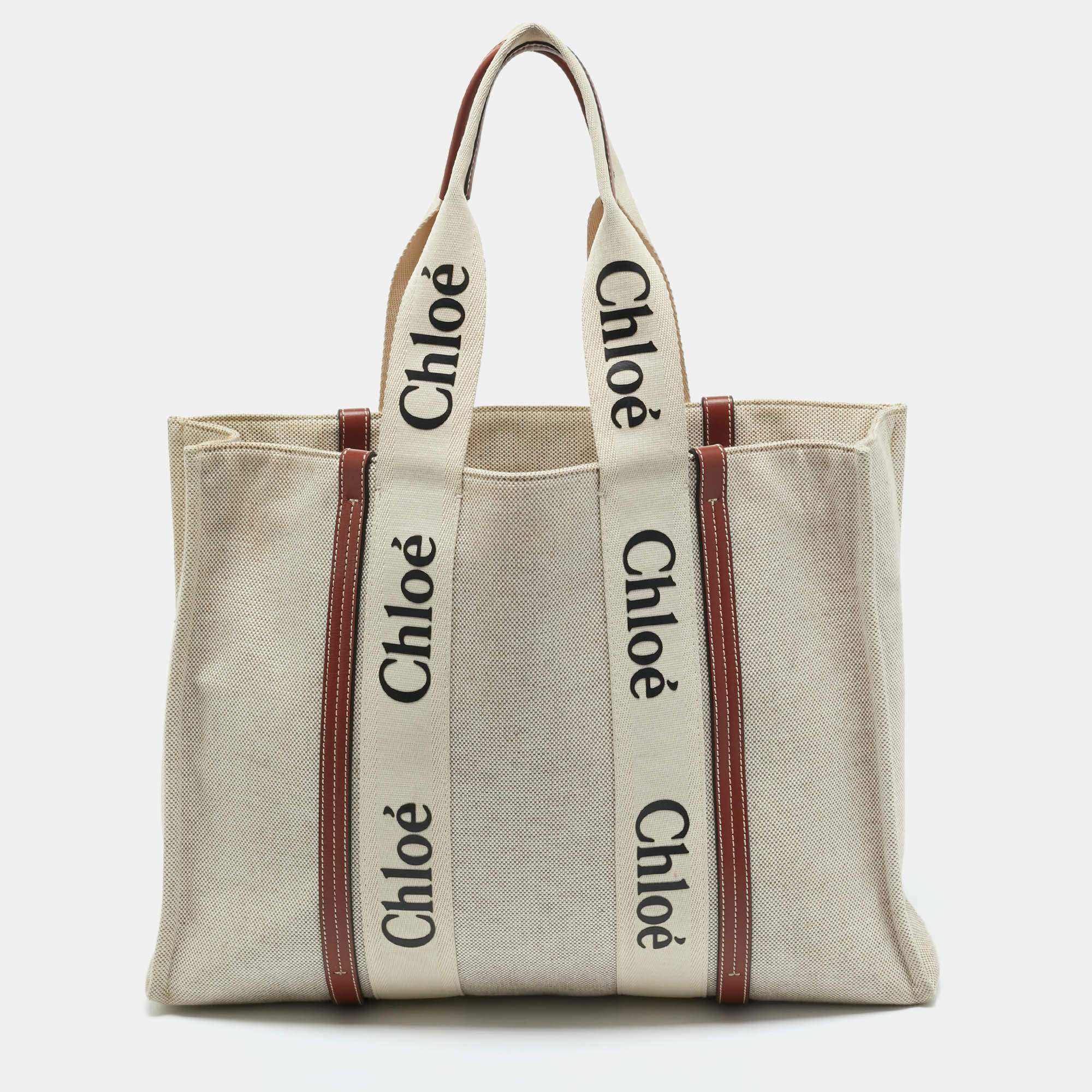 Chloé Beige/Brown Canvas and Leather Large Woody Tote