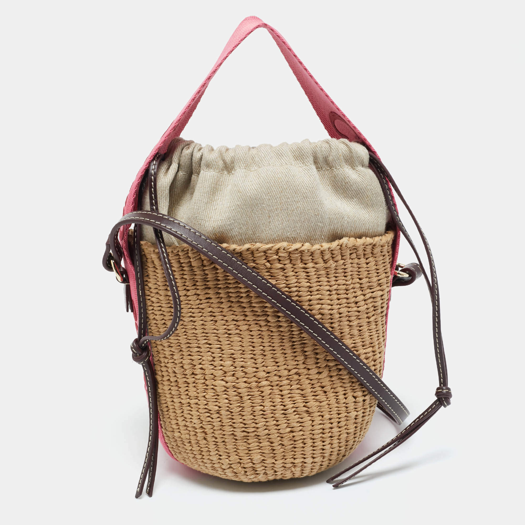 Chloé Beige/Pink Raffia and Canvas Small Woody Basket Bag