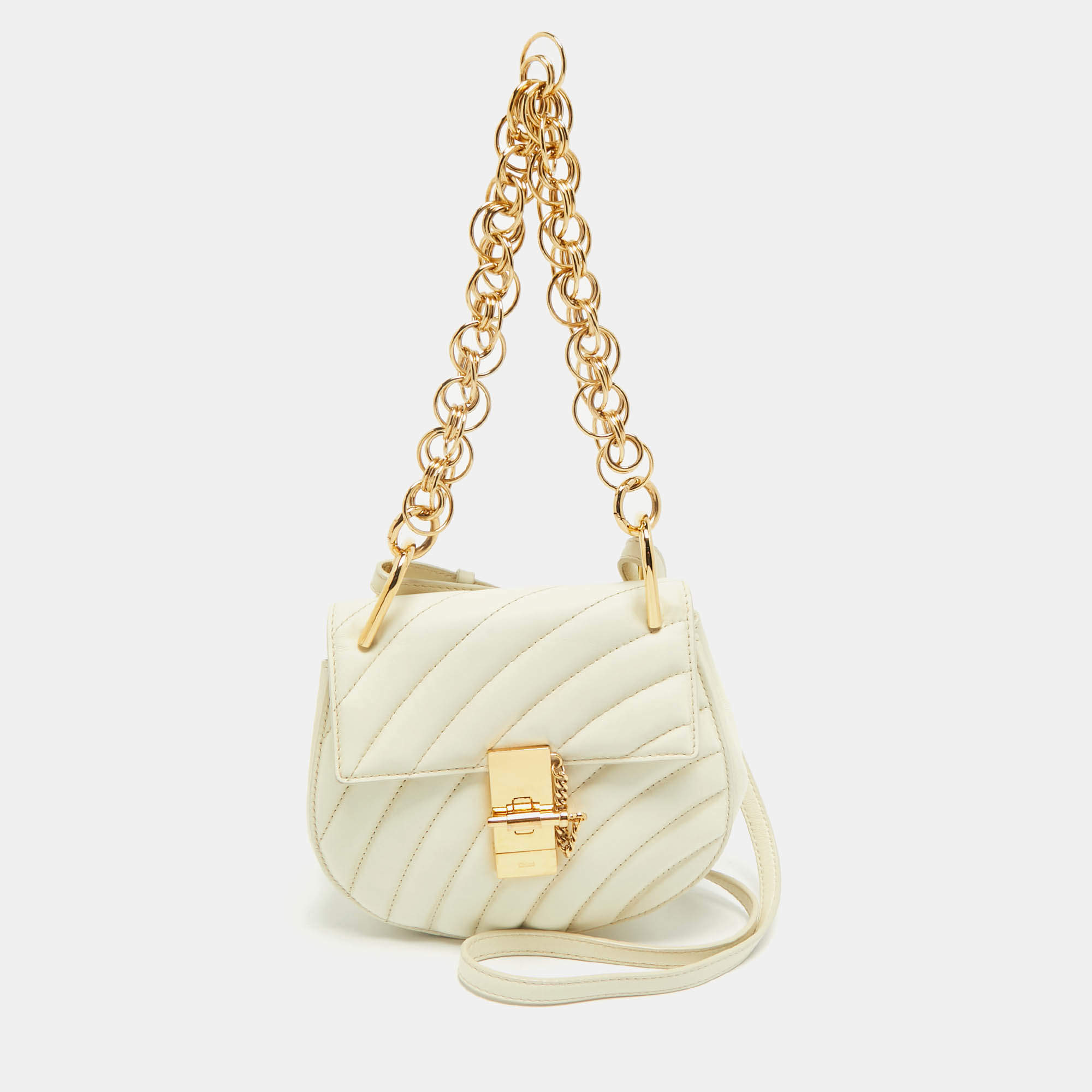 Pre Owned Chloe Off White Quilted Leather Mini Drew Bijou Shoulder Bag