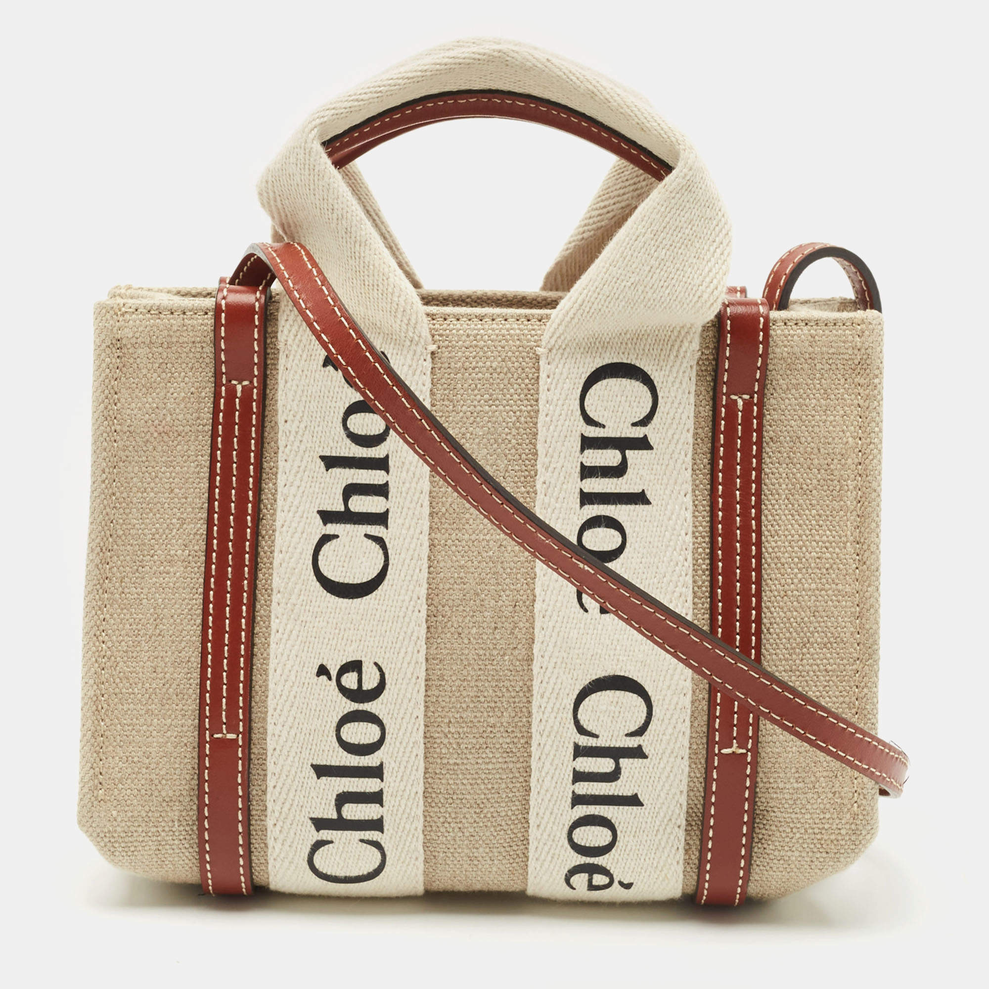 Chloe Brown/Beige Canvas and Leather Mini Woody Tote