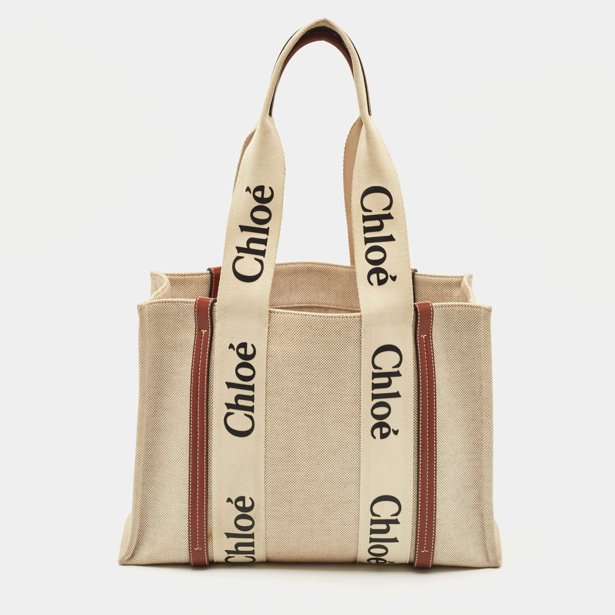 Chloe Beige/Brown Canvas Medium Woody Tote