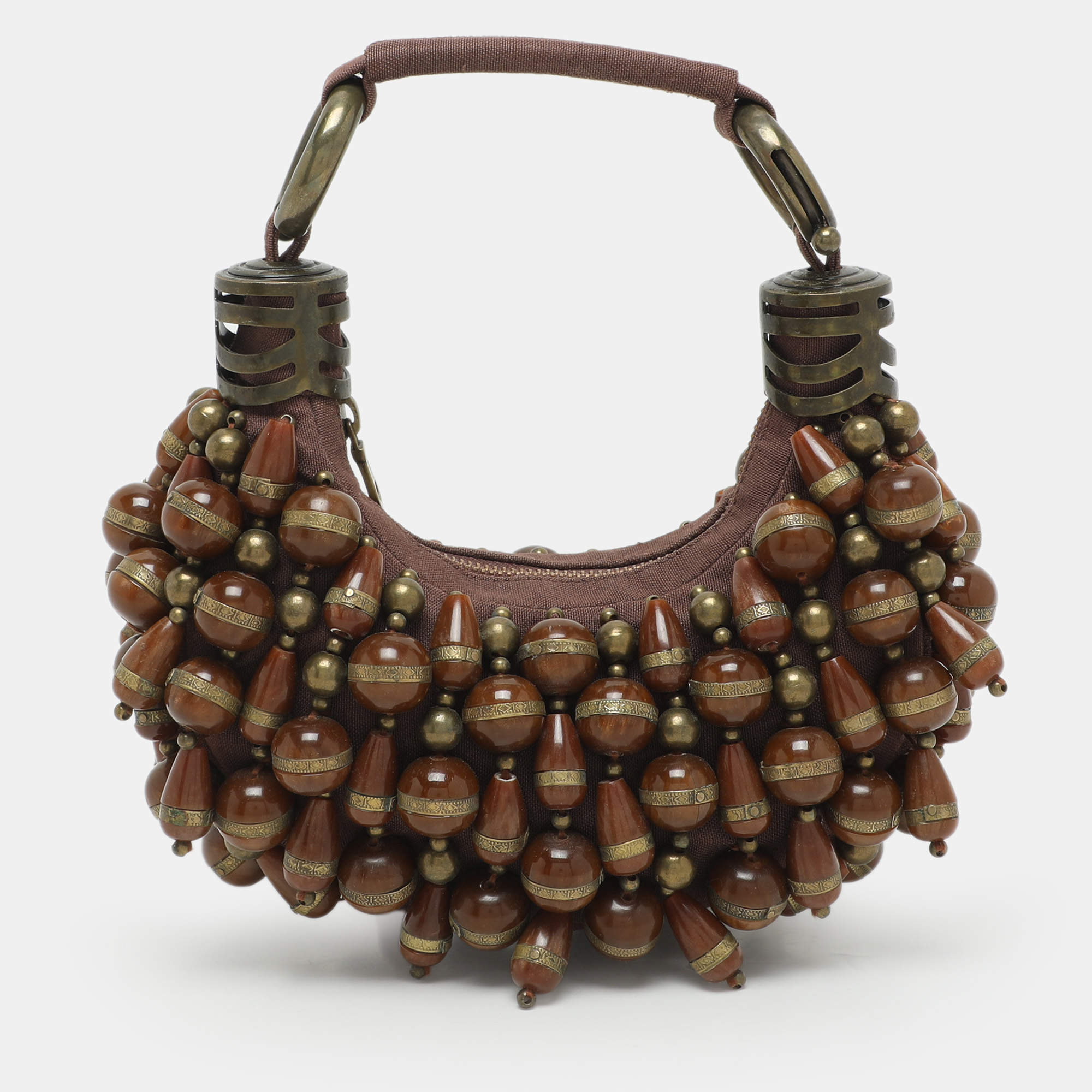 Chloe Brown Canvas Beads Embellished Hobo