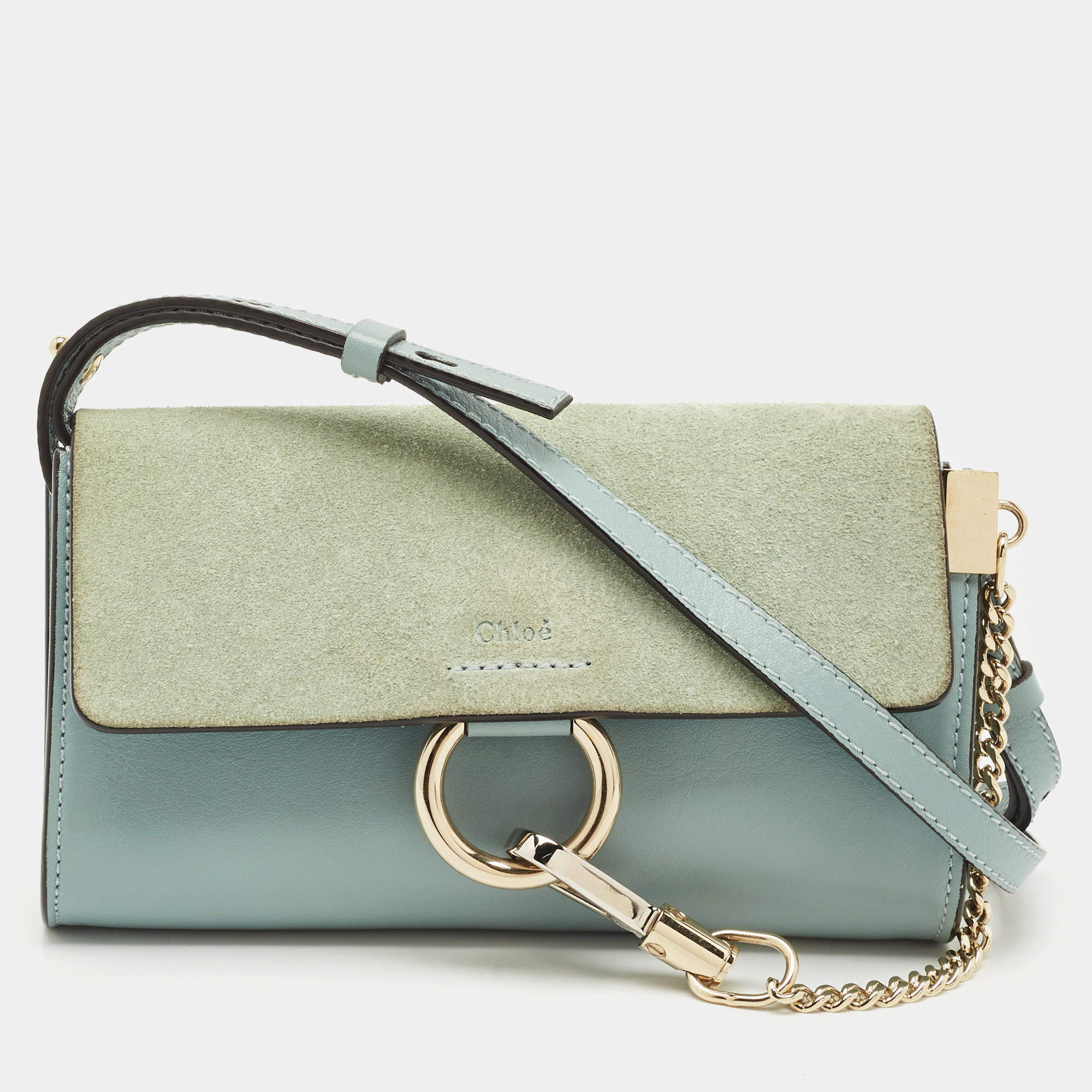 Chloe Light Blue Leather and Suede Mini Faye Shoulder Bag