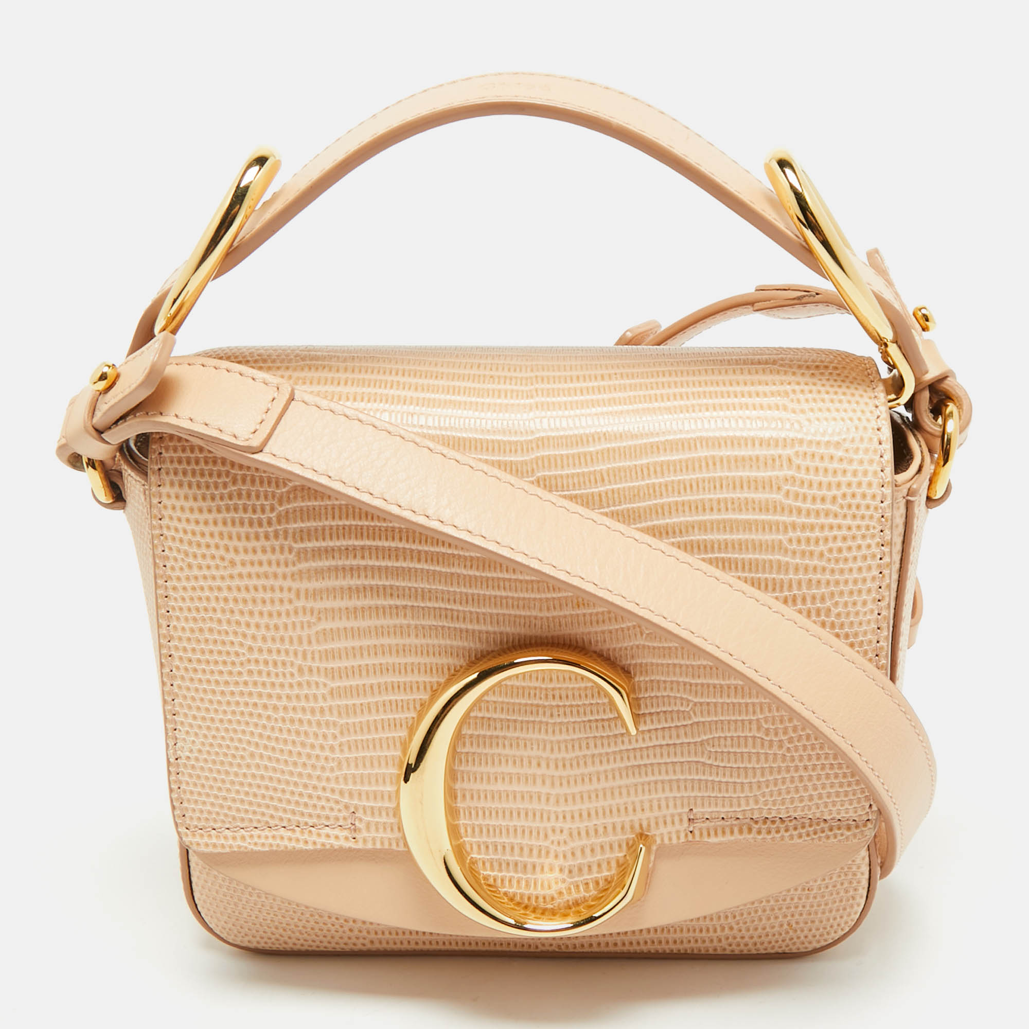 Pre Owned Chloé Peach Lizard Embossed Leather Mini C Top Handle Bag