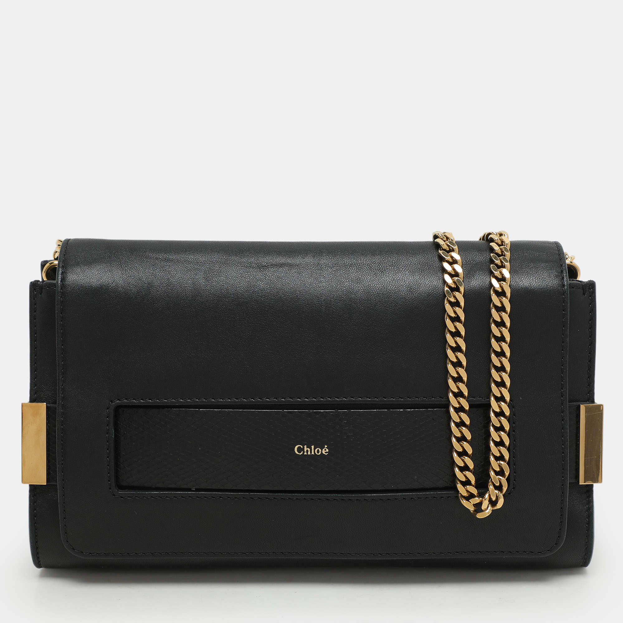 Pre Owned Chloe Black Leather and Python Trim Elle Chain Clutch