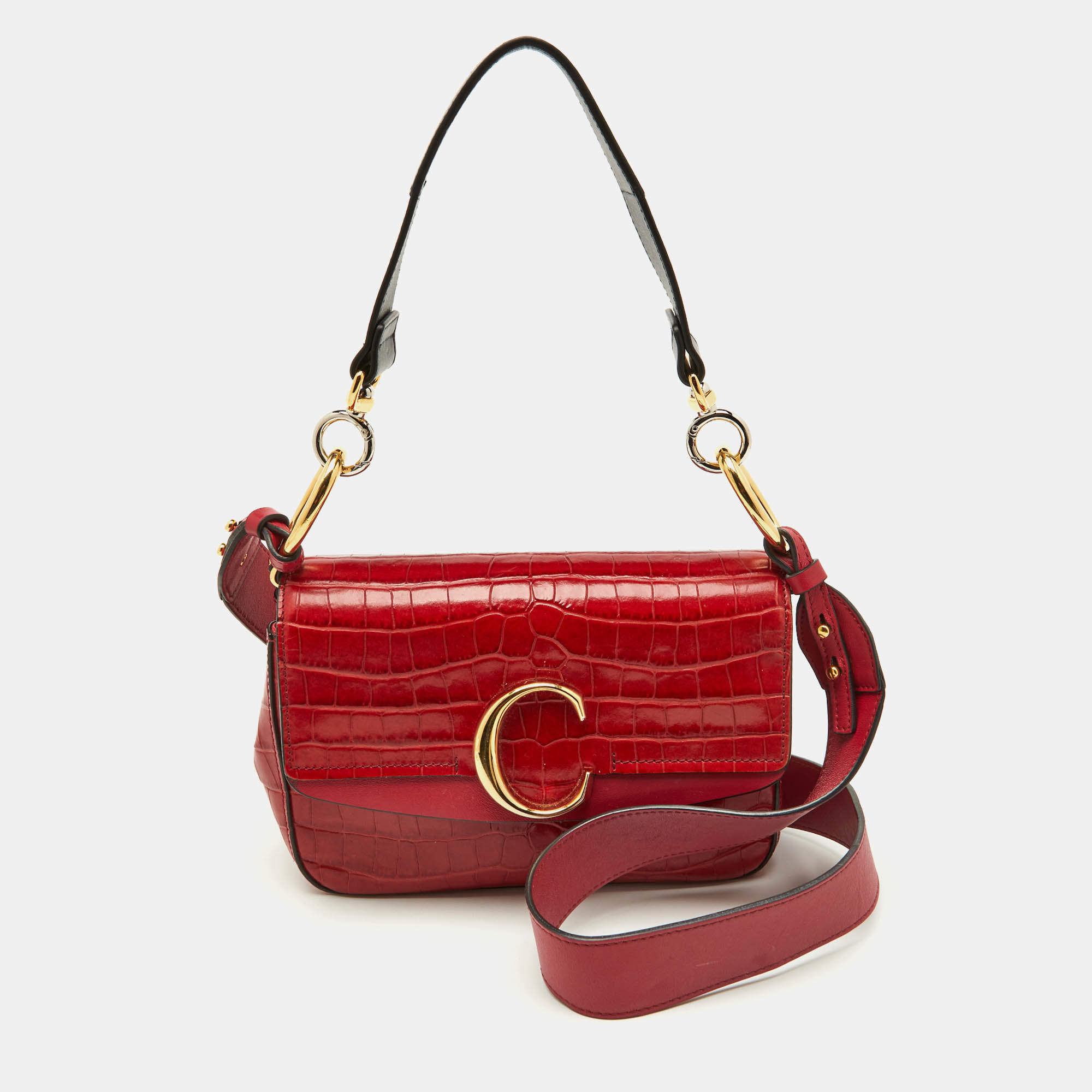 Pre Owned Chloe Red Croc Embossed Leather C Mini Top Handle Bag