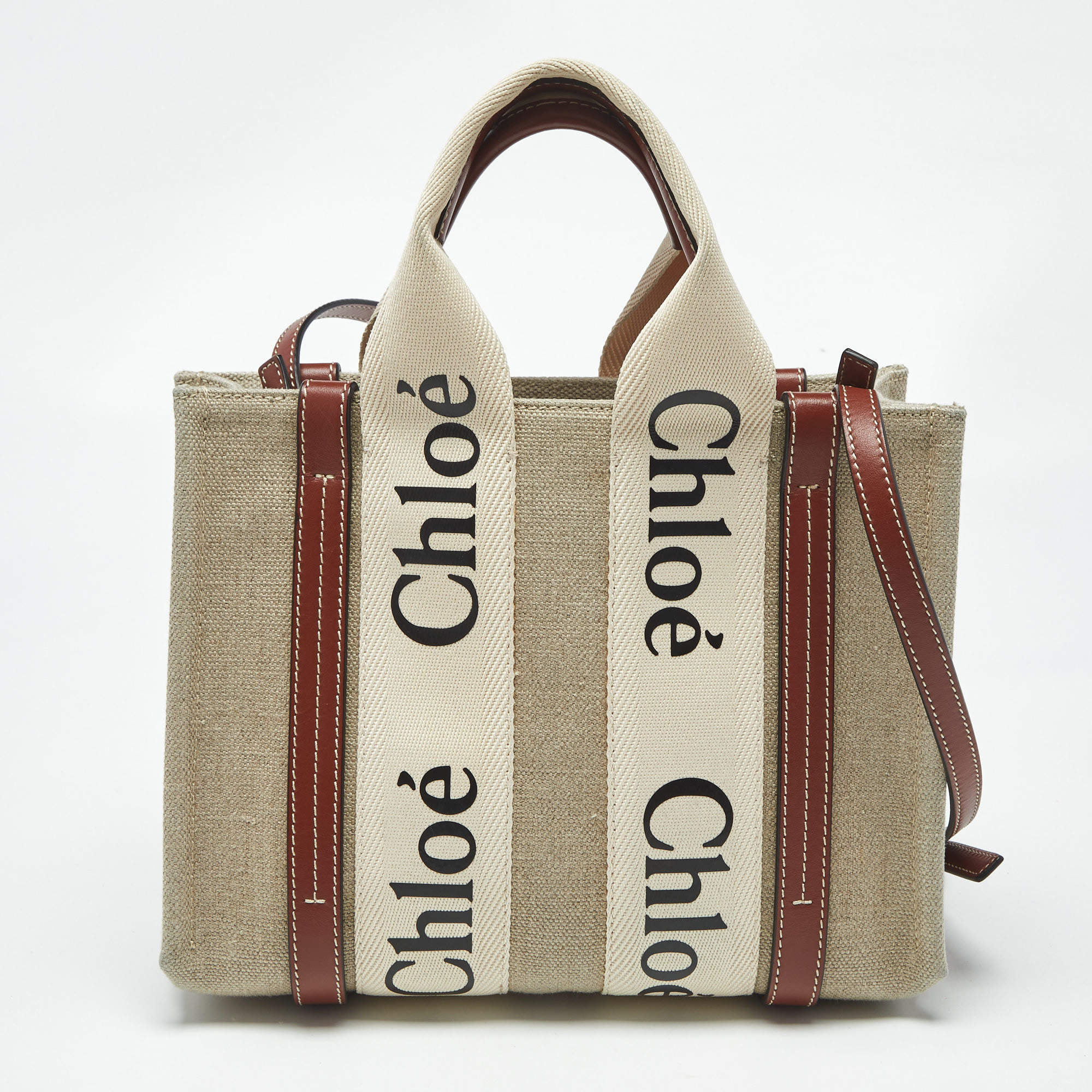 Pre Owned Chloe Brown/Beige Canvas and Leather Small Woody Tote