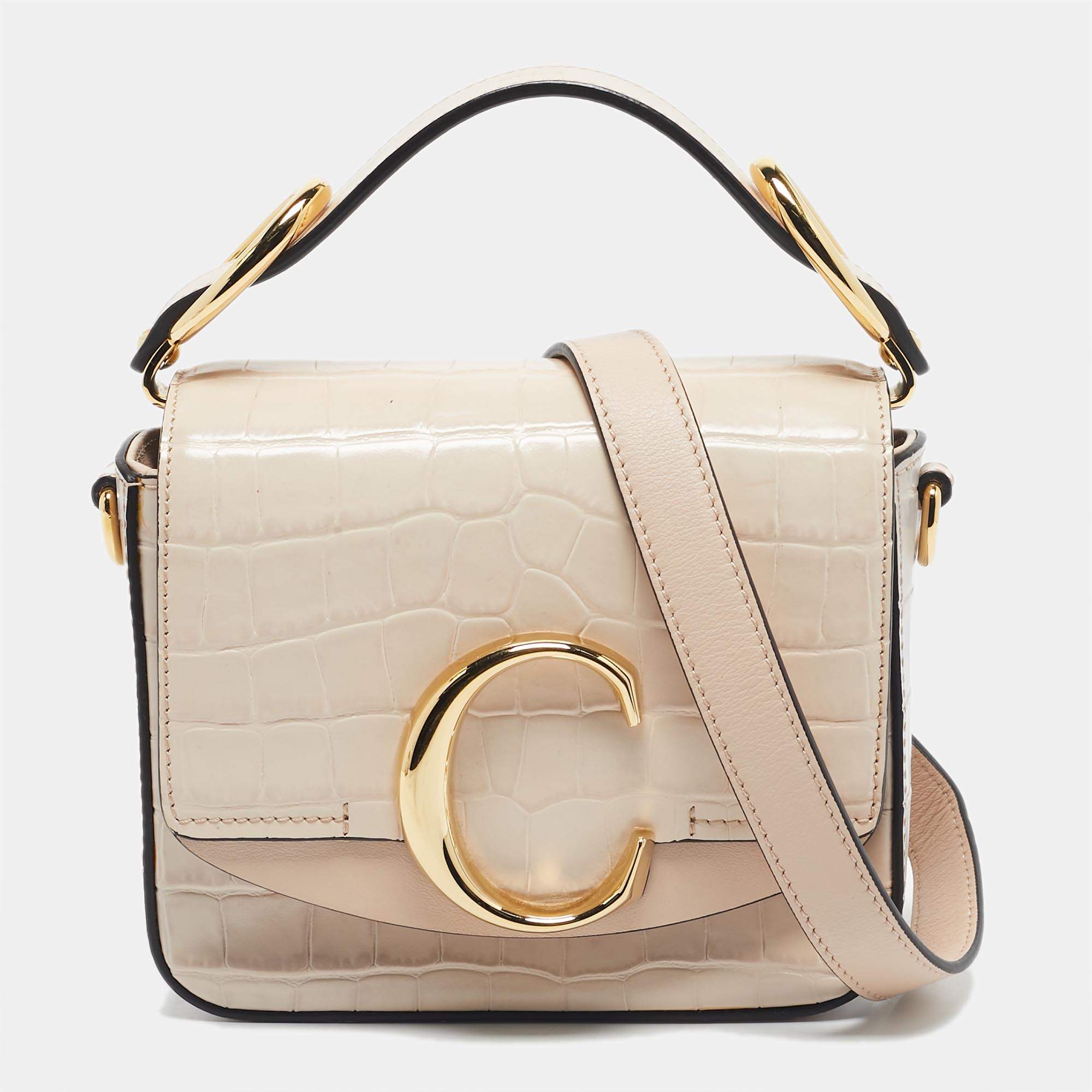 Pre Owned Chloé Blush Pink/Grey Croc Embossed Leather Mini C Top Handle Bag