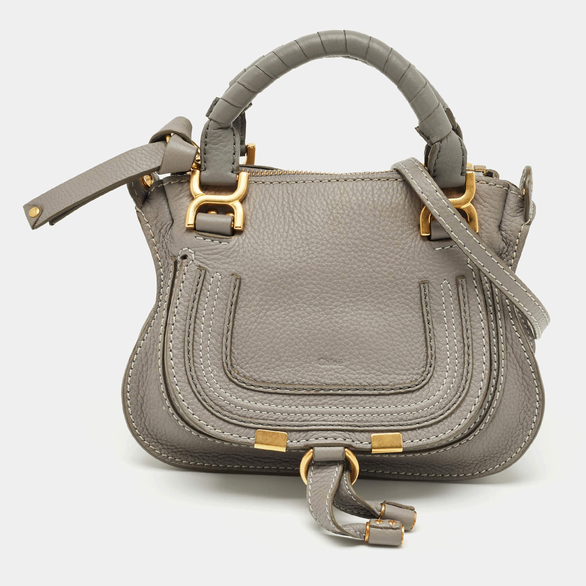 Pre Owned Chloe Light Grey Leather Mini Marcie Shoulder Bag