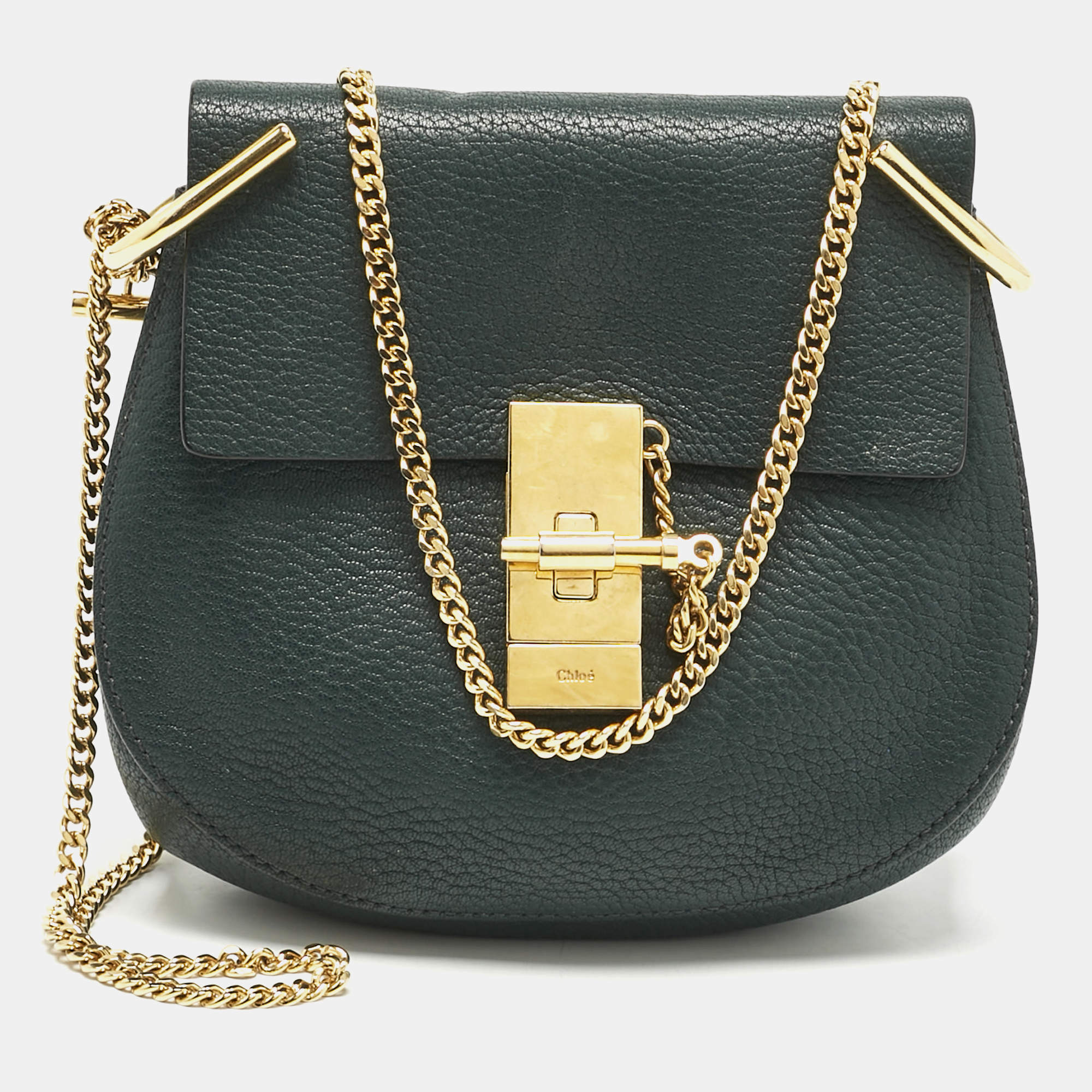 Pre Owned Chloé Green Leather Mini Drew Chian Shoulder Bag