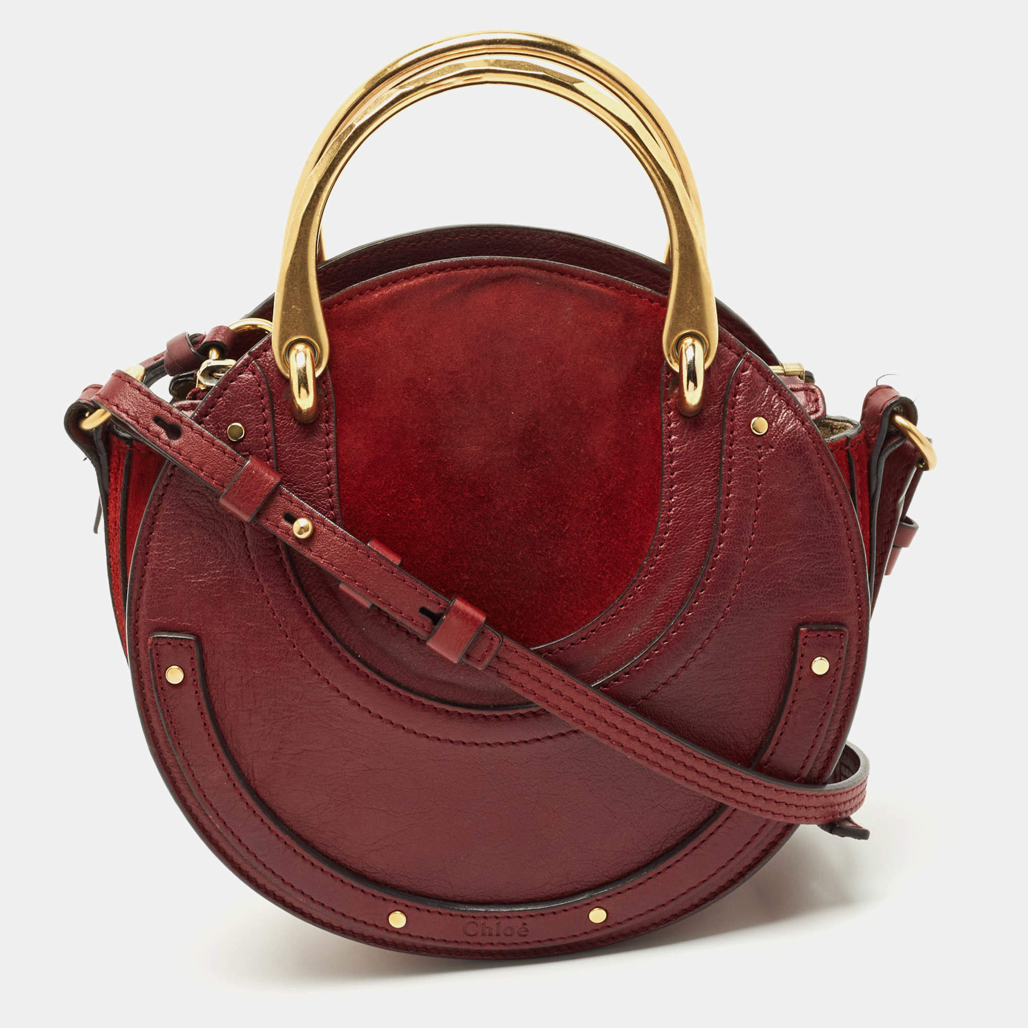 Pre Owned Chloé Burgundy Leather and Suede Small Pixie Round Crossbody Bag