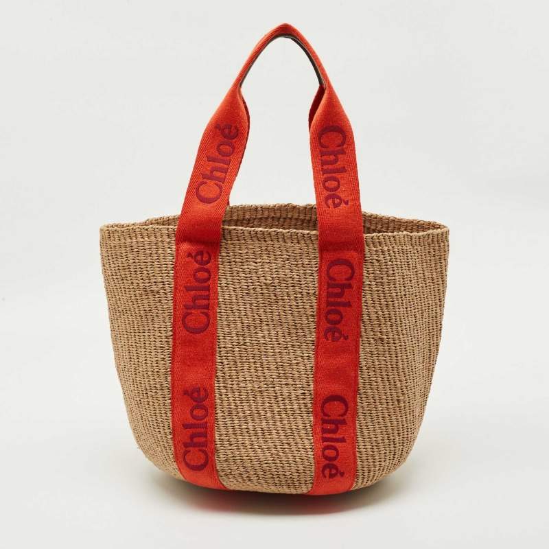 Pre Owned Chloe Beige/Orange Woven Raffia and Canvas Woody Basket Bag