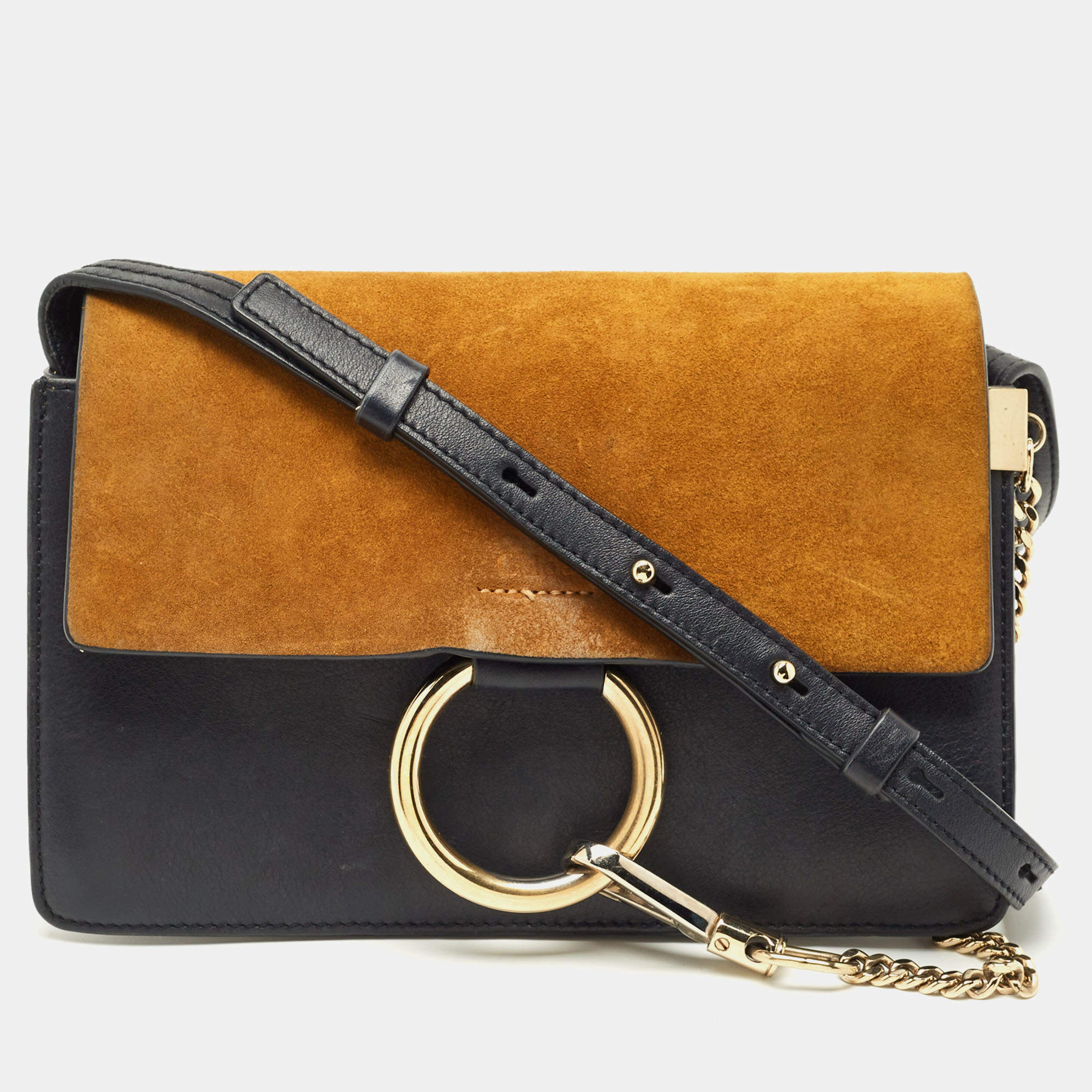 Pre Owned Chloe Navy Blue/Mustard Leather and Suede Small Faye Shoulder Bag