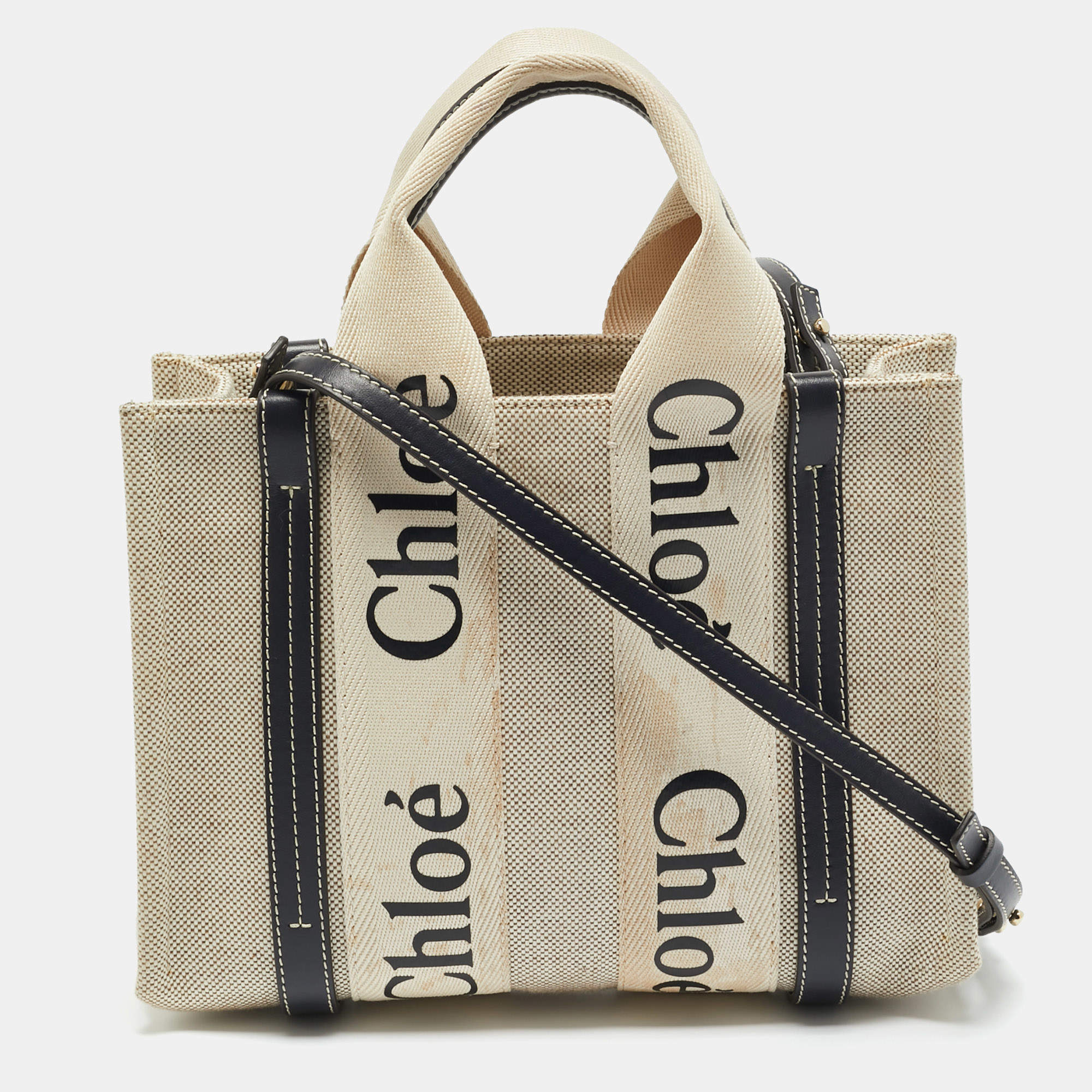 Pre Owned Chloe Black/Beige Canvas and Leather Small Woody Tote