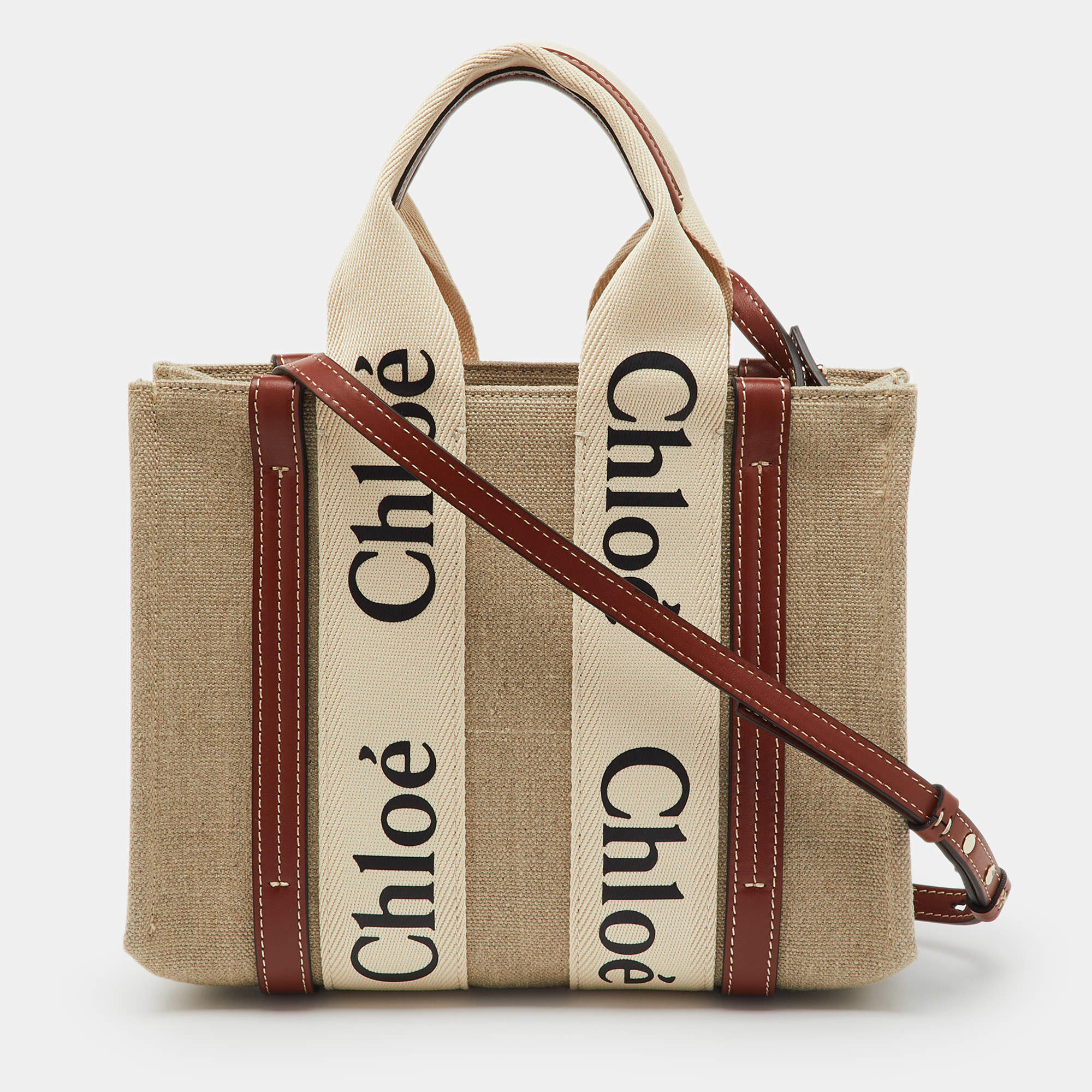 Pre Owned Chloé Beige/Brown Canvas and Leather Small Woody Tote