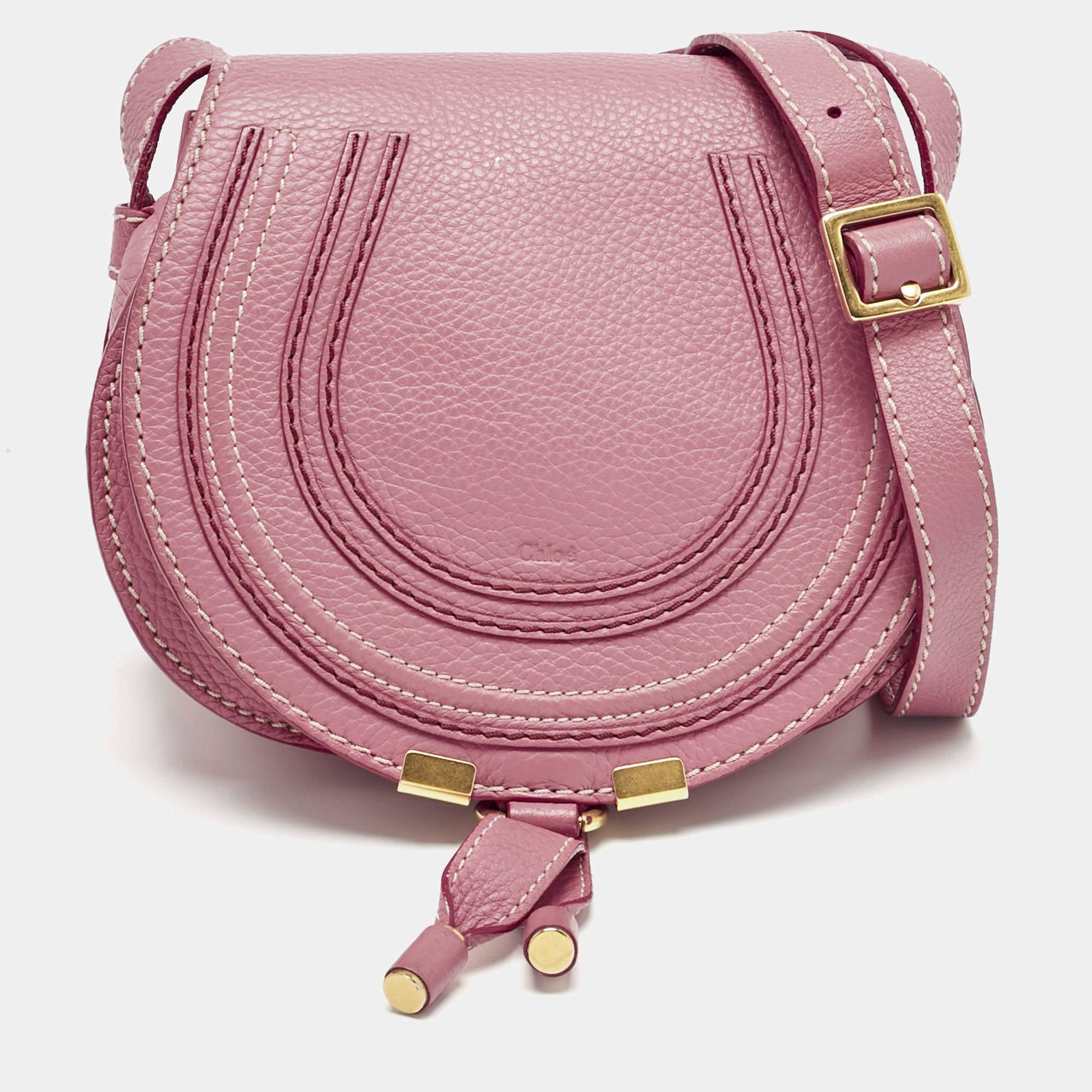 Pre Owned Chloé Pink Leather Mini Marcie Saddle Crossbody Bag