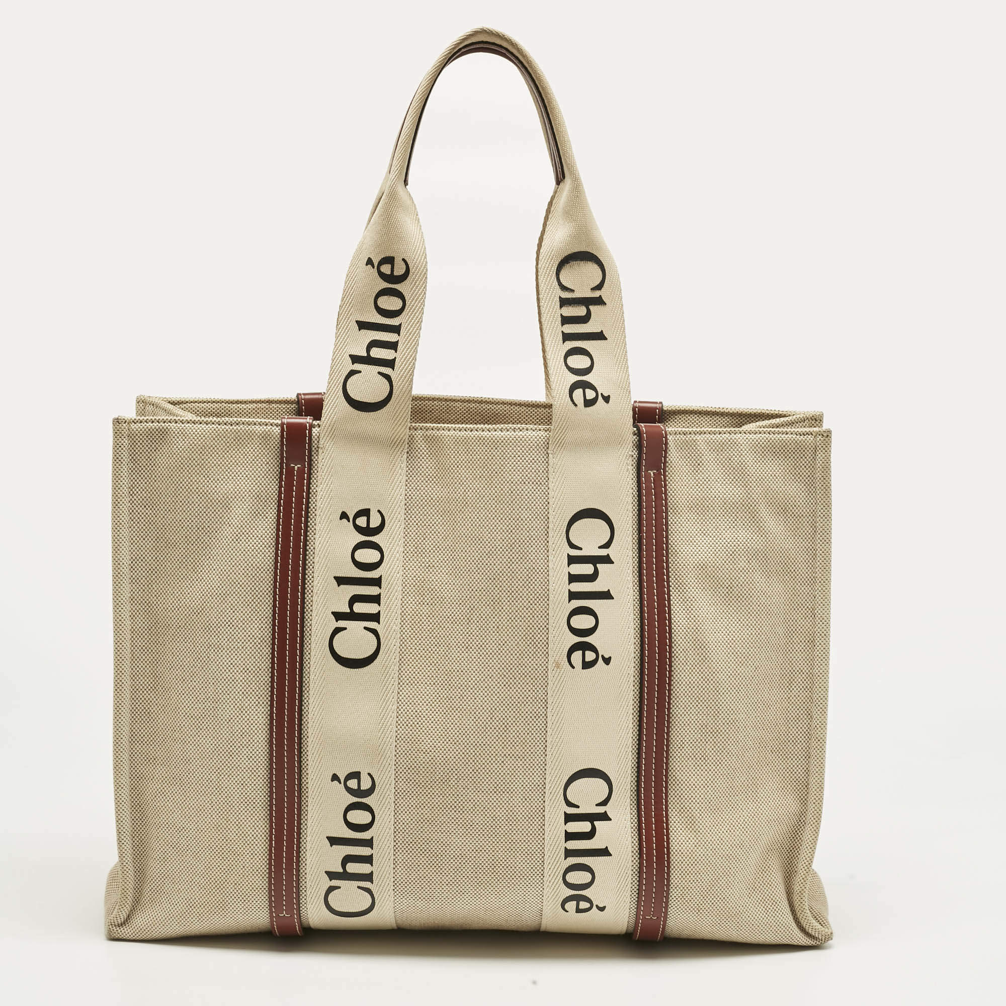 Pre Owned Chloe Beige/Brown Canvas and Leather Large Woody Tote