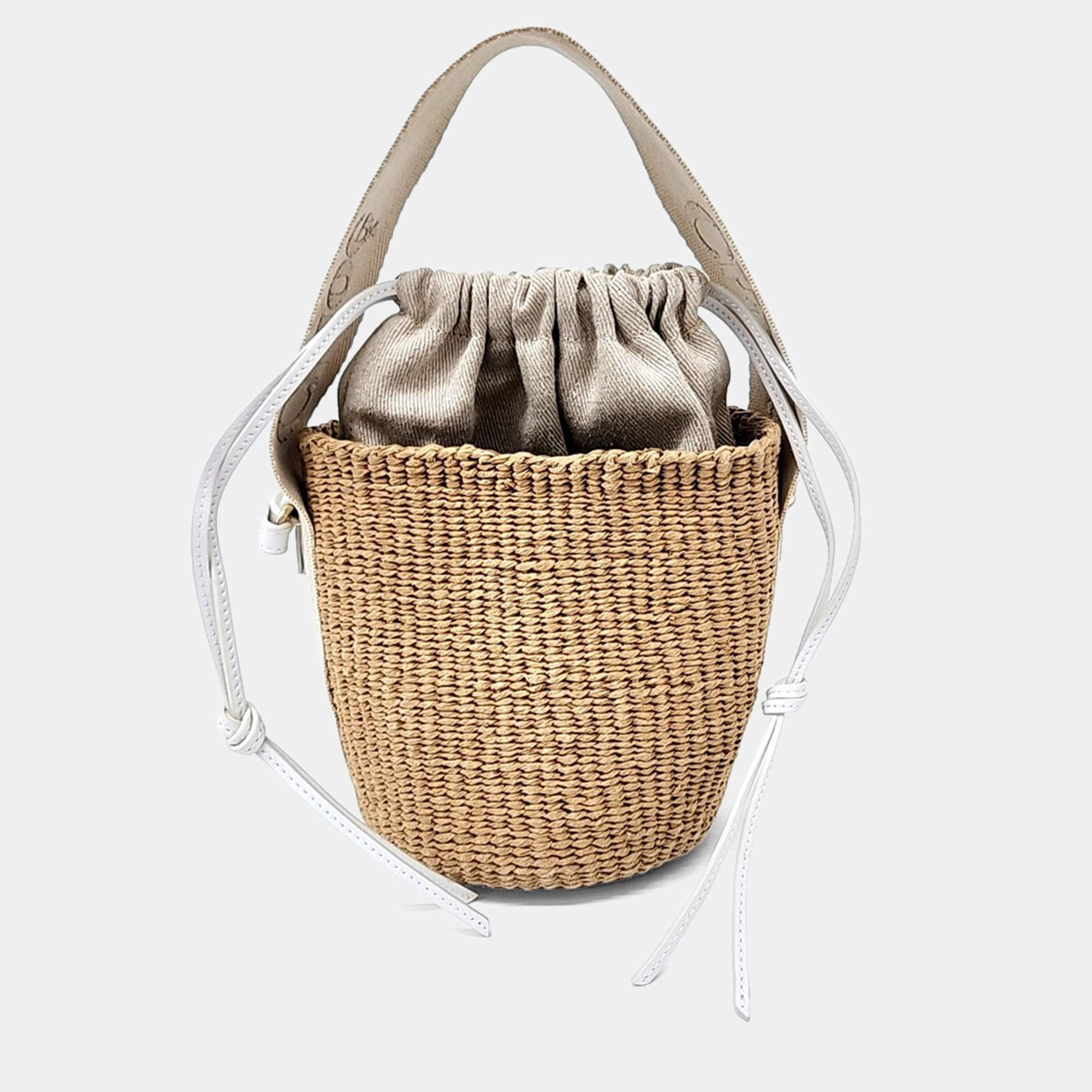 Pre Owned Chloe Beige Leather and Raffia Woody Bucket Bag