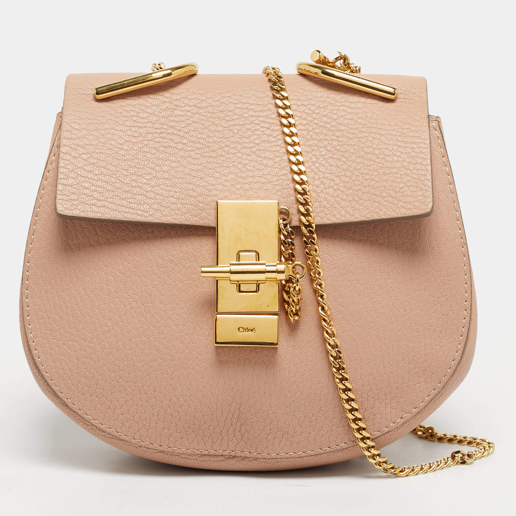 Pre Owned Chloé Peach Leather Mini Drew Chian Shoulder Bag