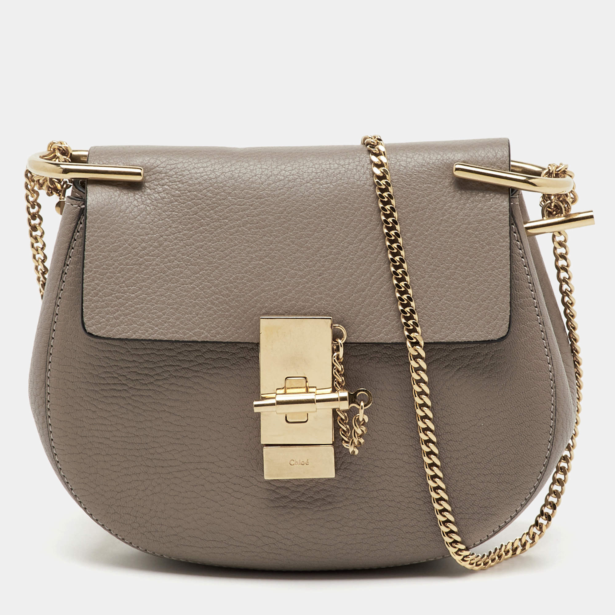 Pre Owned Chloe Taupe Grey Leather Small Drew Shoulder Bag