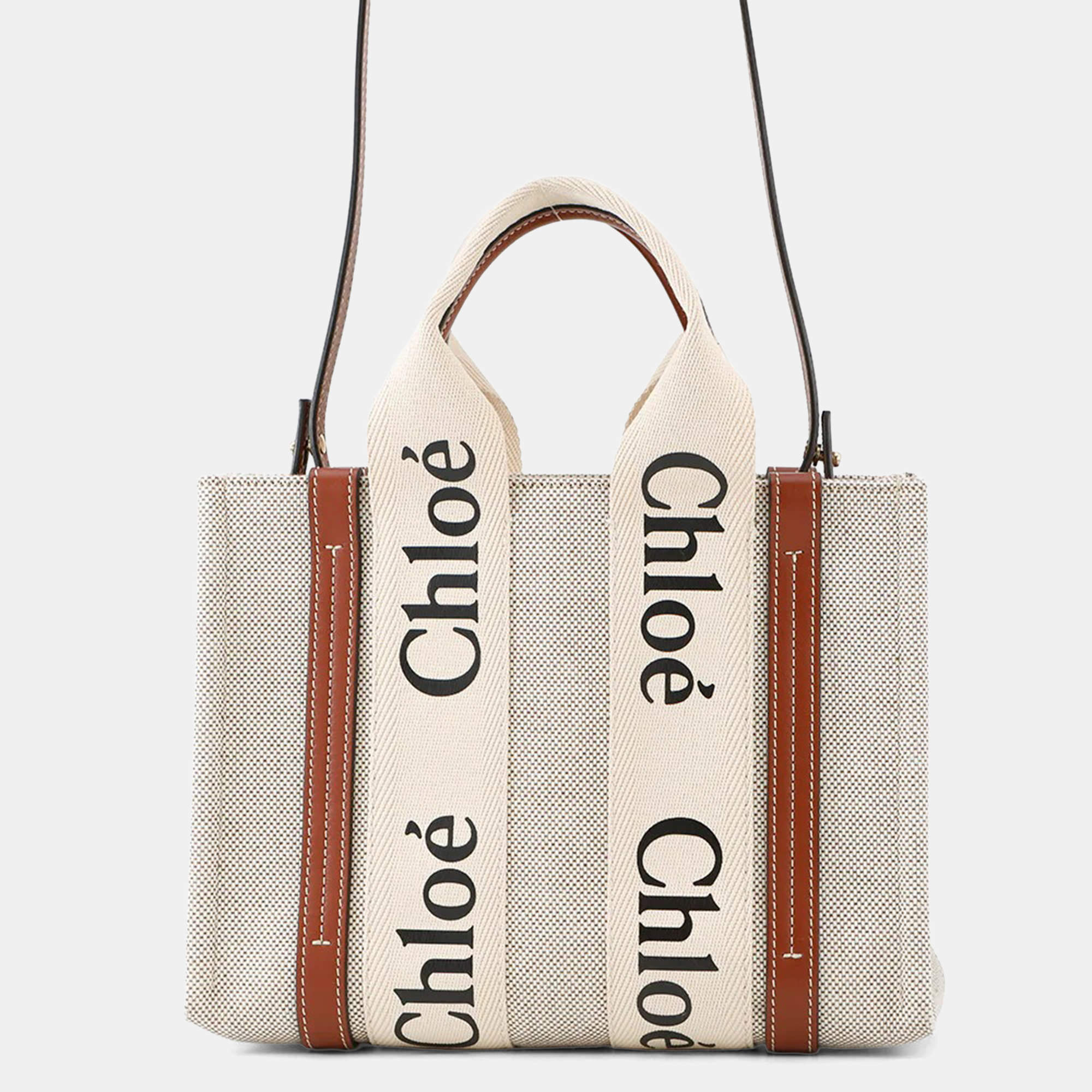 Pre Owned Chloe Woody 2Way Tote Bag Beige/Brown Canvas Leather Size Small