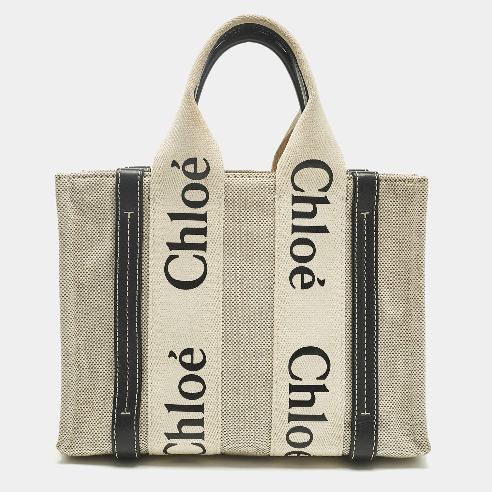 Pre Owned Chloé Beige/Black Canvas and Leather Small Woody Tote