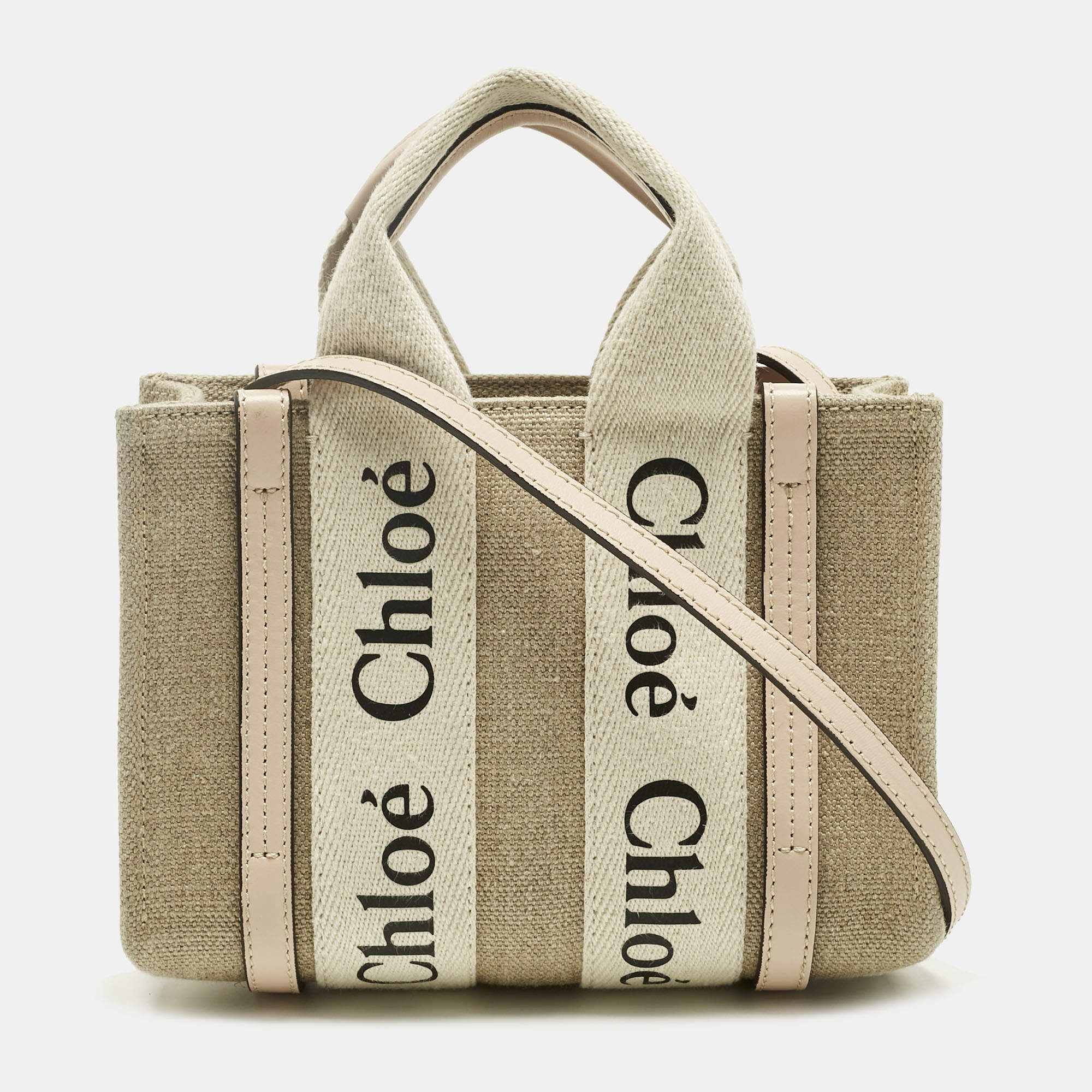 Pre Owned Chloé Pink/Beige Canvas and Leather Mini Woody Tote