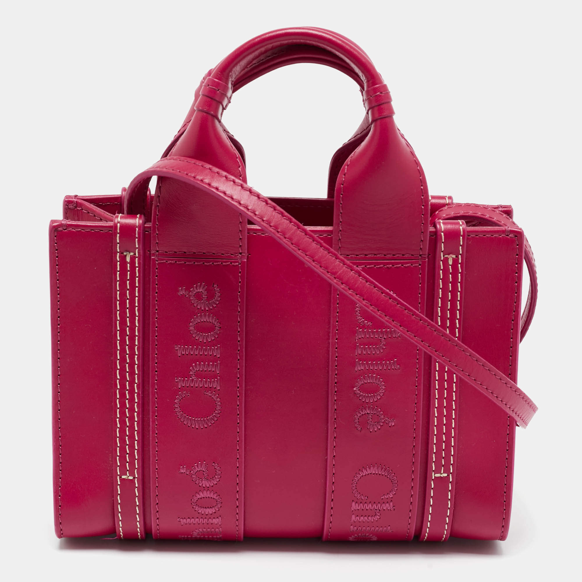 Pre Owned Chloe Magenta Leather Mini Woody Tote