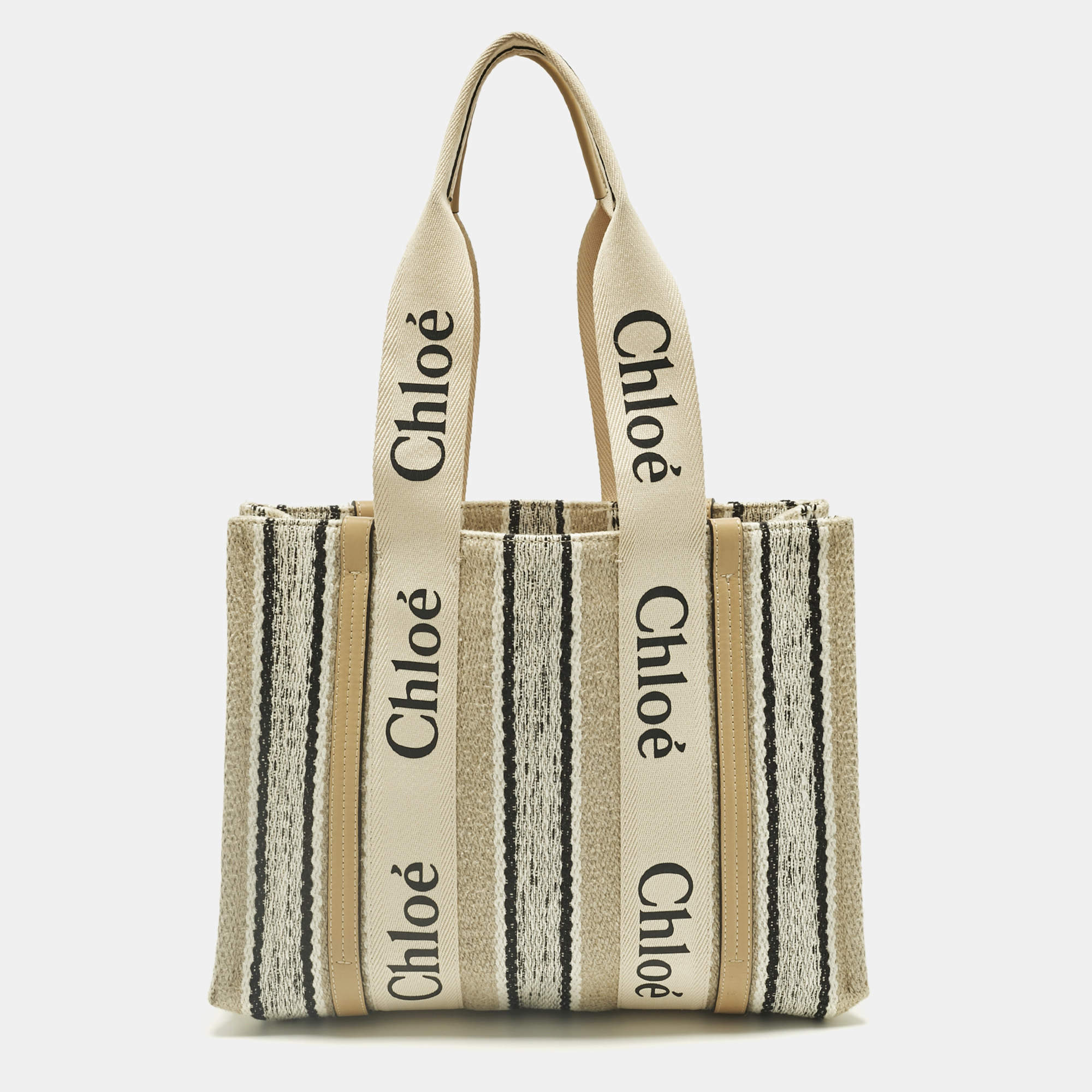 Pre Owned Chloé Beige/Black Canvas and Leather Medium Striped Woody Tote