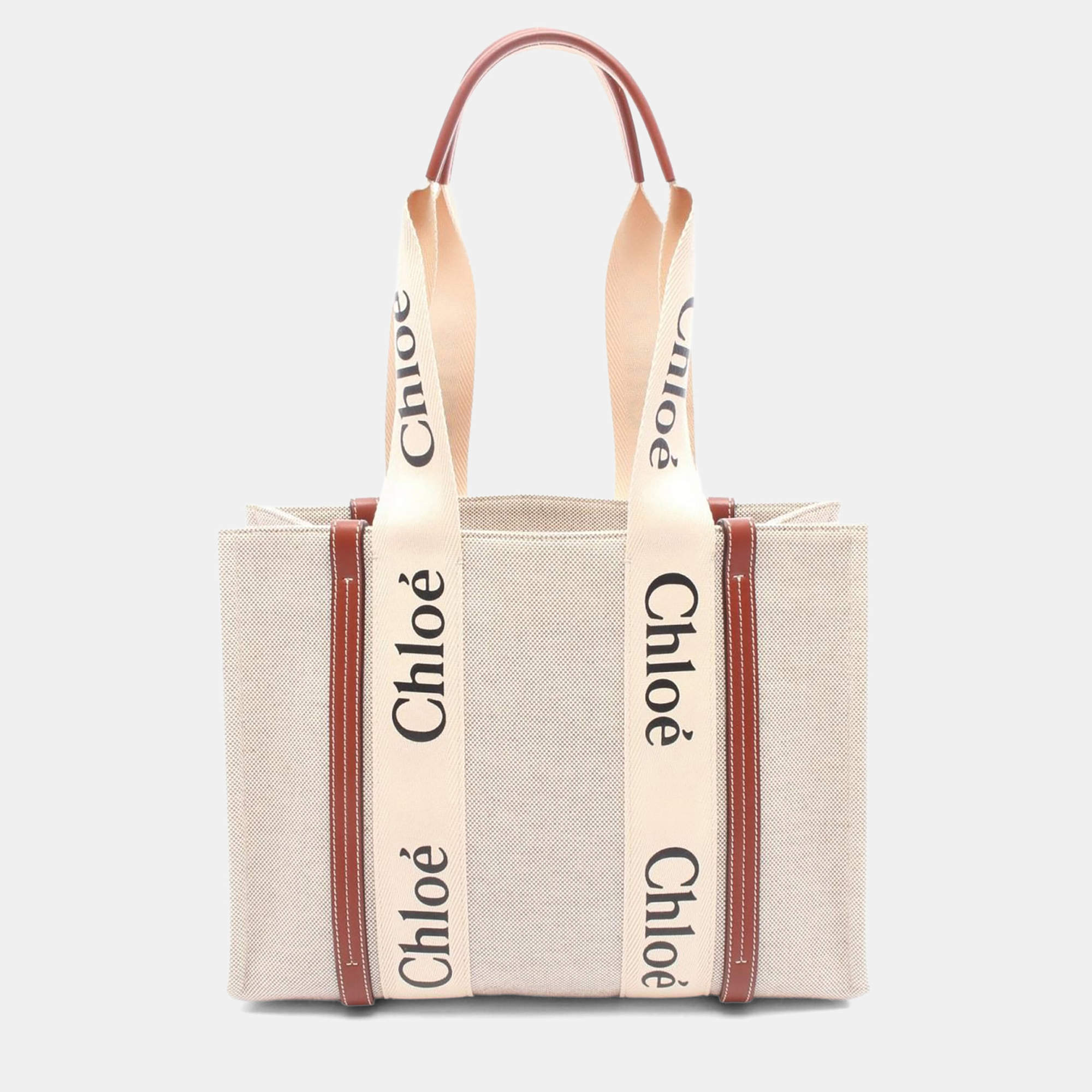 مملوكة مسبقًا حقيبة يد توتس كلوي وودي جلد كانفاس بنية بيج متوسطة