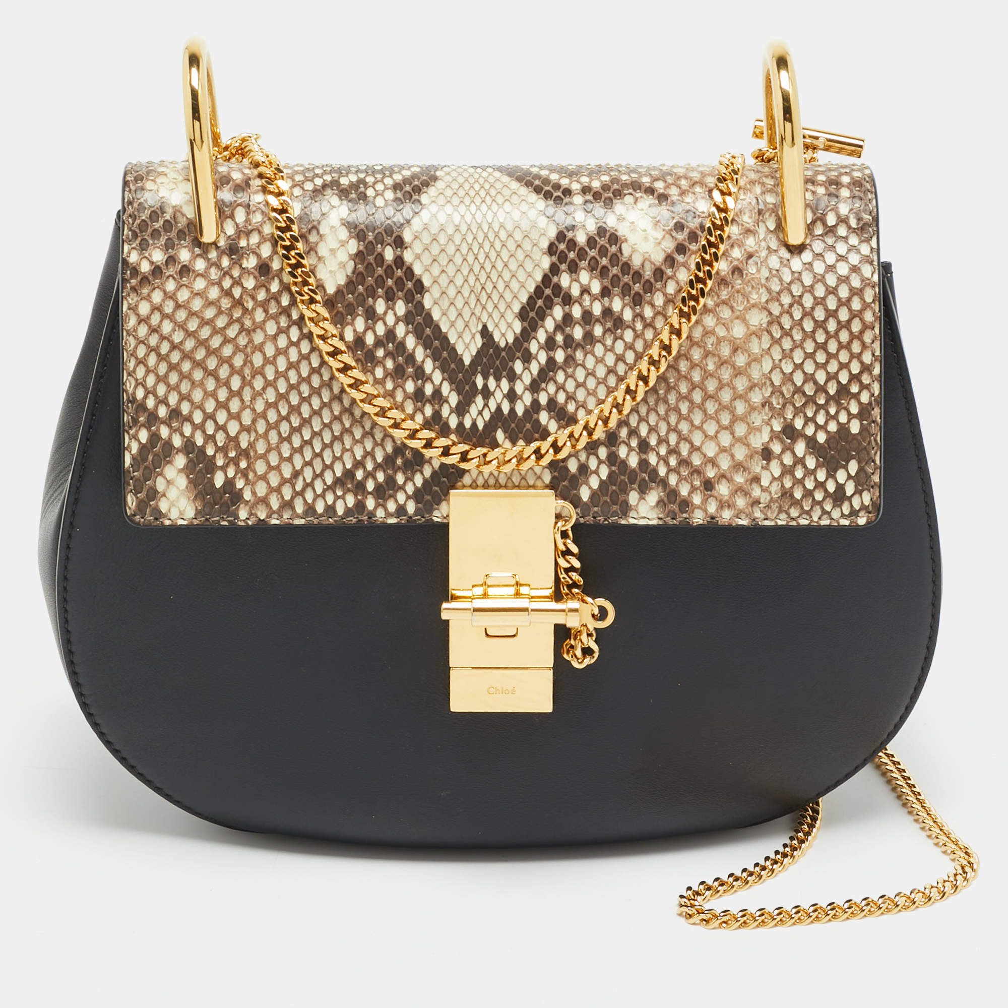 Pre Owned Chloe Drew Medium Black/Beige Leather and Python Shoulder Bag