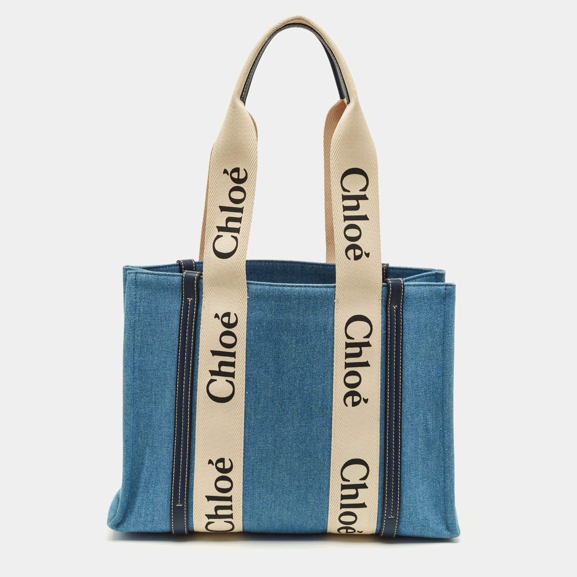 Pre Owned Chloé Woody Medium Blue Denim and Leather Tote
