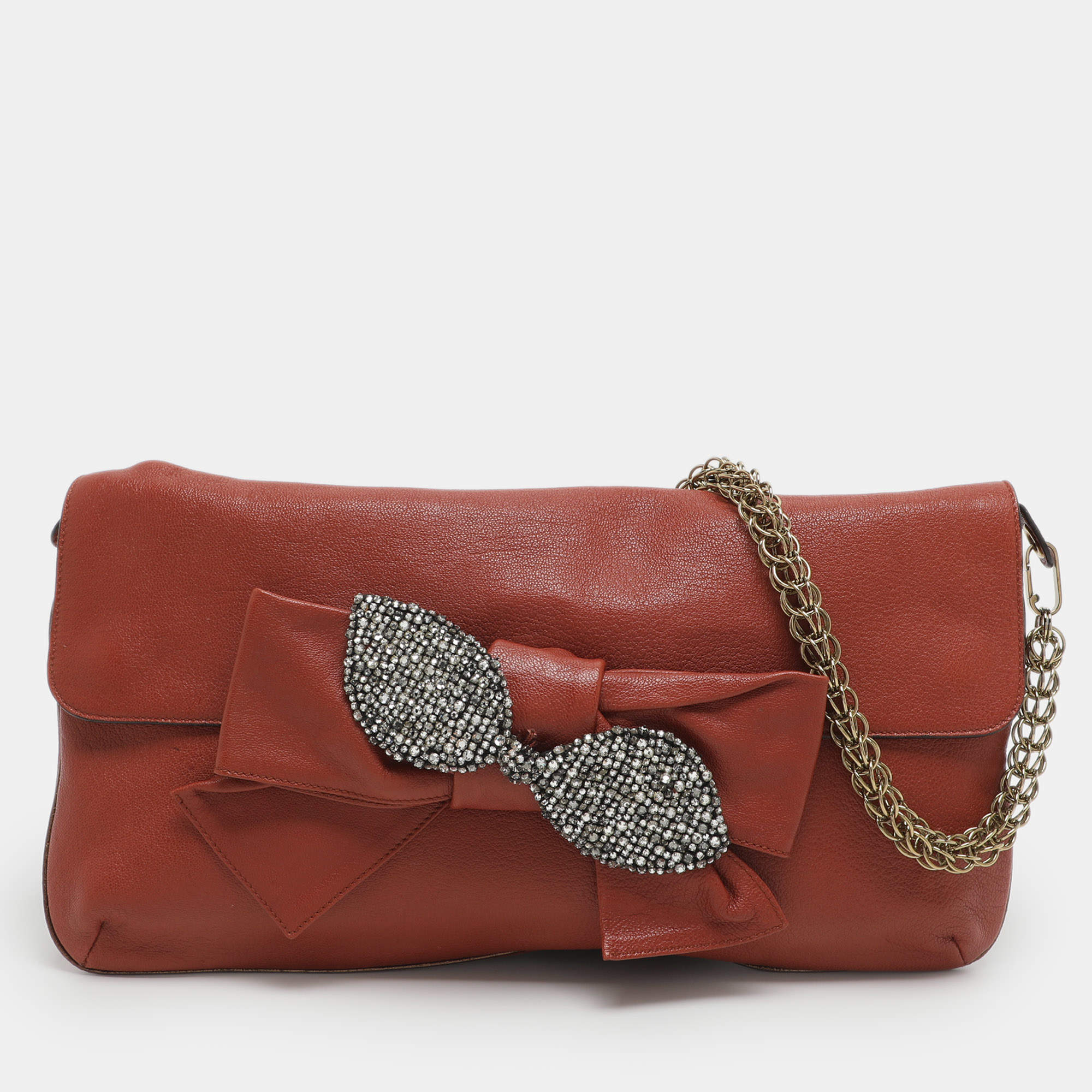 Pre Owned Chloe Brick Leather Crystal Bow Embellished Chain Bag