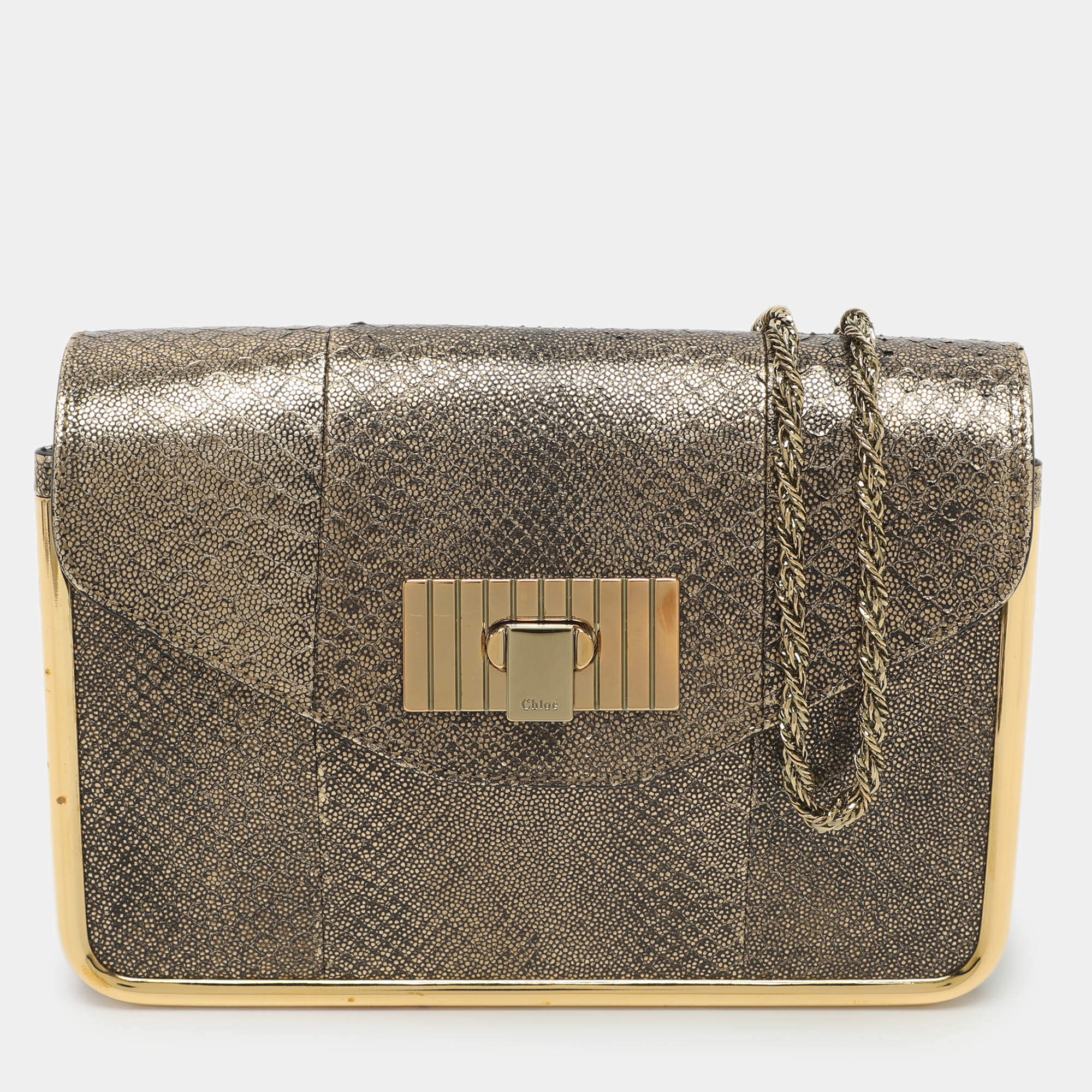 مملوكة مسبقًا Chloe Sally Small Metallic Python Embossed Leather Shoulder Bag
