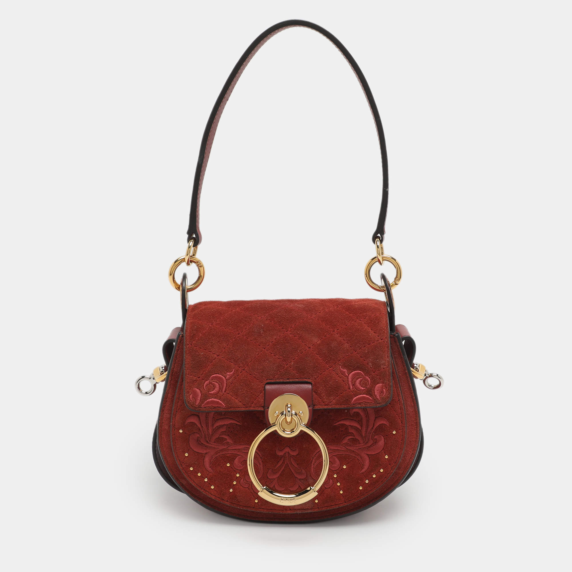 Pre Owned Chloe Tess Embroidered Red Leather and Suede Shoulder Bags
