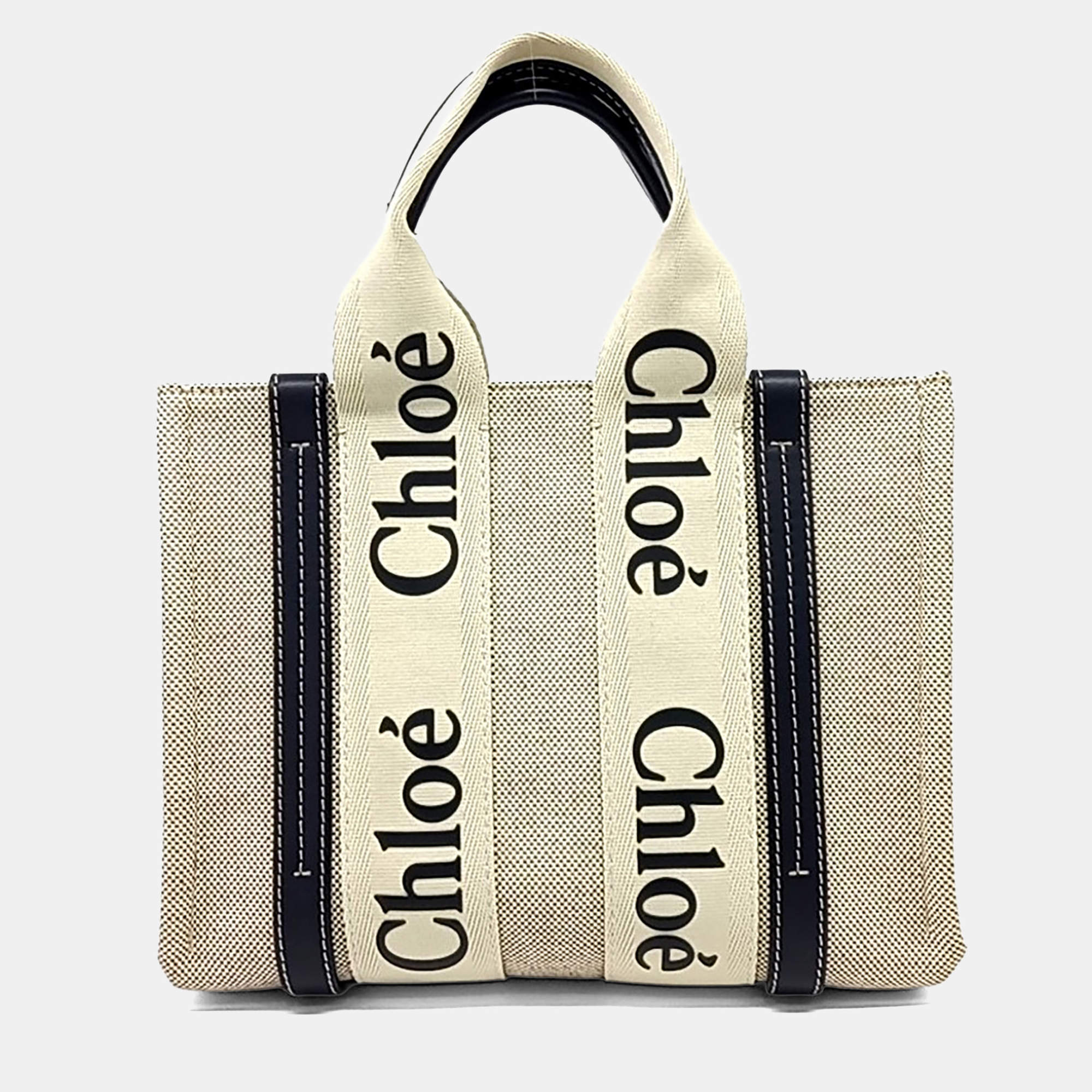 مملوكة مسبقًا Chloe Cream Navy Blue Canvas Woody Bag Small