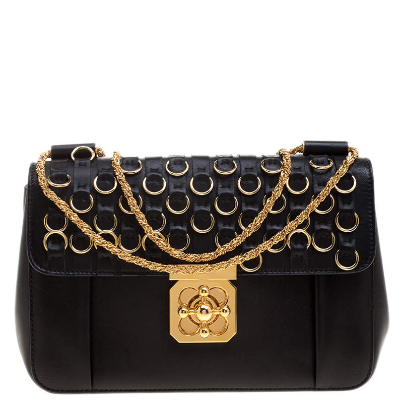 Pre Owned Chloe Black Leather Medium Elsie Ring Embellished Shoulder Bag