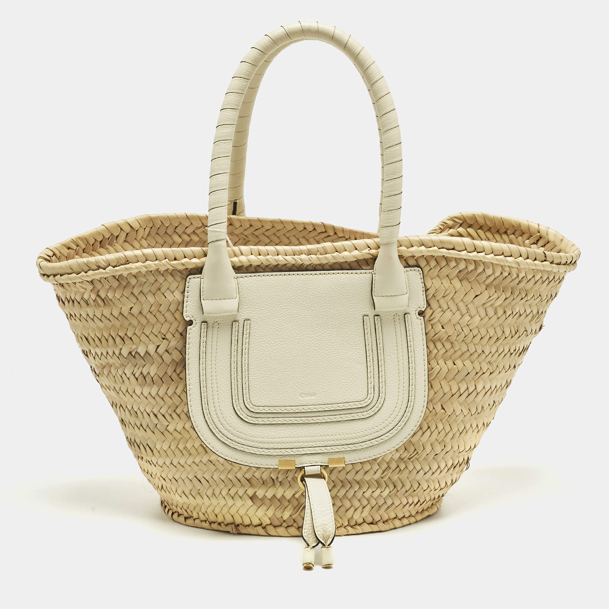 مملوكة مسبقًا Chloe Marcie Large Off White/Natural Raffia and Leather Basket Bag