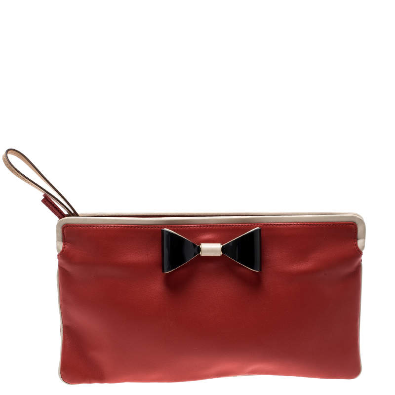 Pre Owned Chloe Red/Beige Leather Bow Clutch 