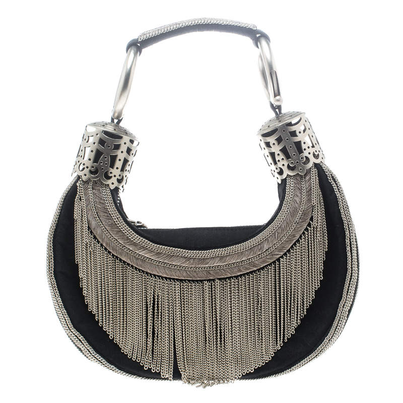 Pre Owned Chloe Black Chain Embellished Canvas Crescent Hobo
