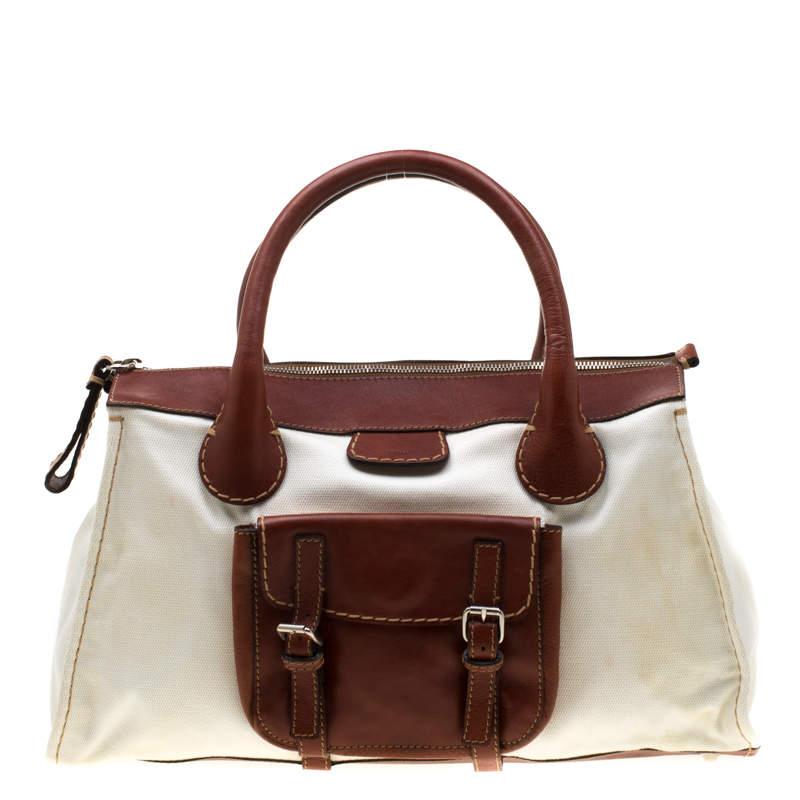 مملوكة مسبقًا Chloe Brown/Off-White Canvas and Leather Edith Shopper Tote