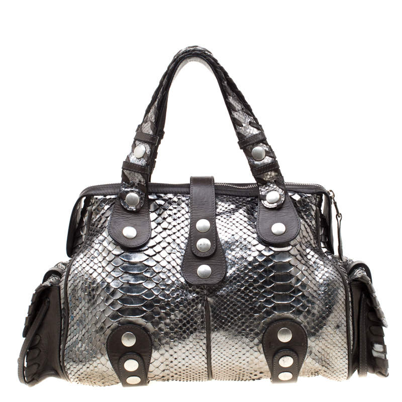 Pre Owned Chloe Metallic SIlver/Grey Python and Leather Silverado Satchel