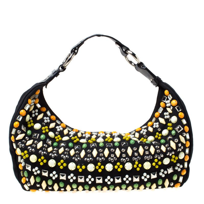 Chloe Black Canvas and Leather Beads Embellished Hobo