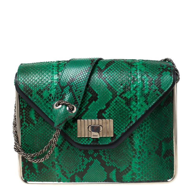 Pre Owned Chloe Green/Dark Grey Python Medium Sally Flap Shoulder Bag