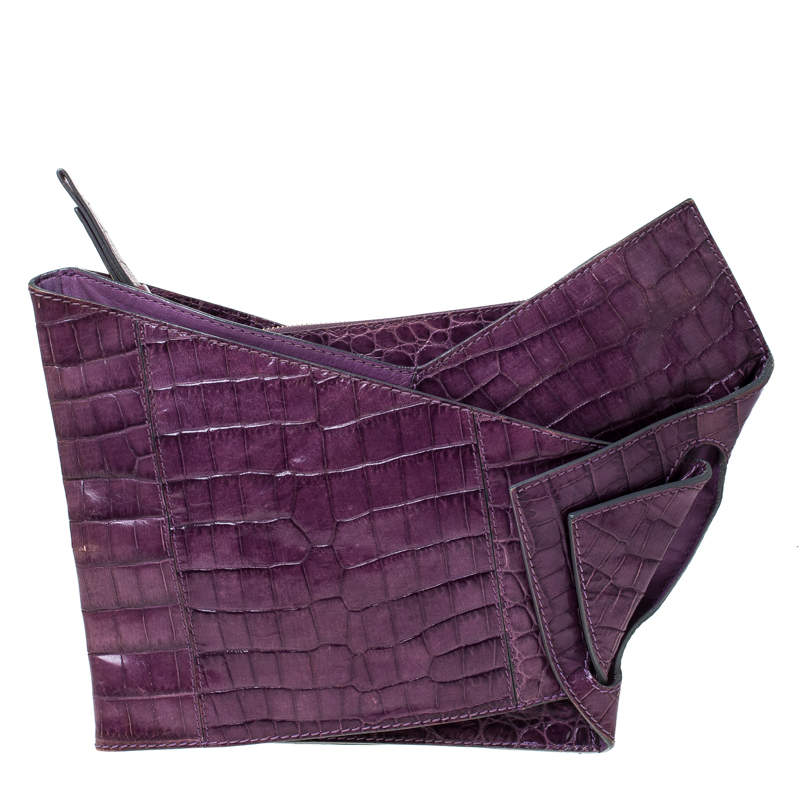 Pre Owned Chloe Purple Crocodile Embossed Freja Origami Clutch