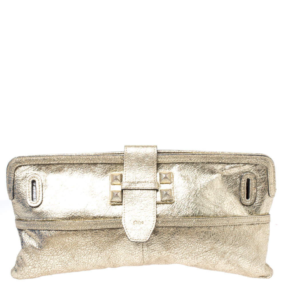 Pre Owned Chloe Gold Metallic Textured Leather Clutch