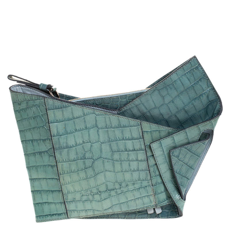Pre Owned Chloe Green Crocodile Embossed Freja Origami Clutch