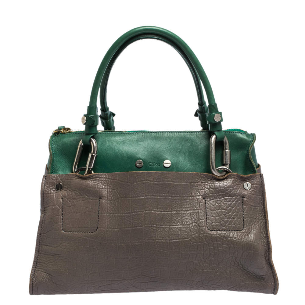 Pre Owned Chloe Grey/Green Croc Embossed Leather Buckle Handle Satchel