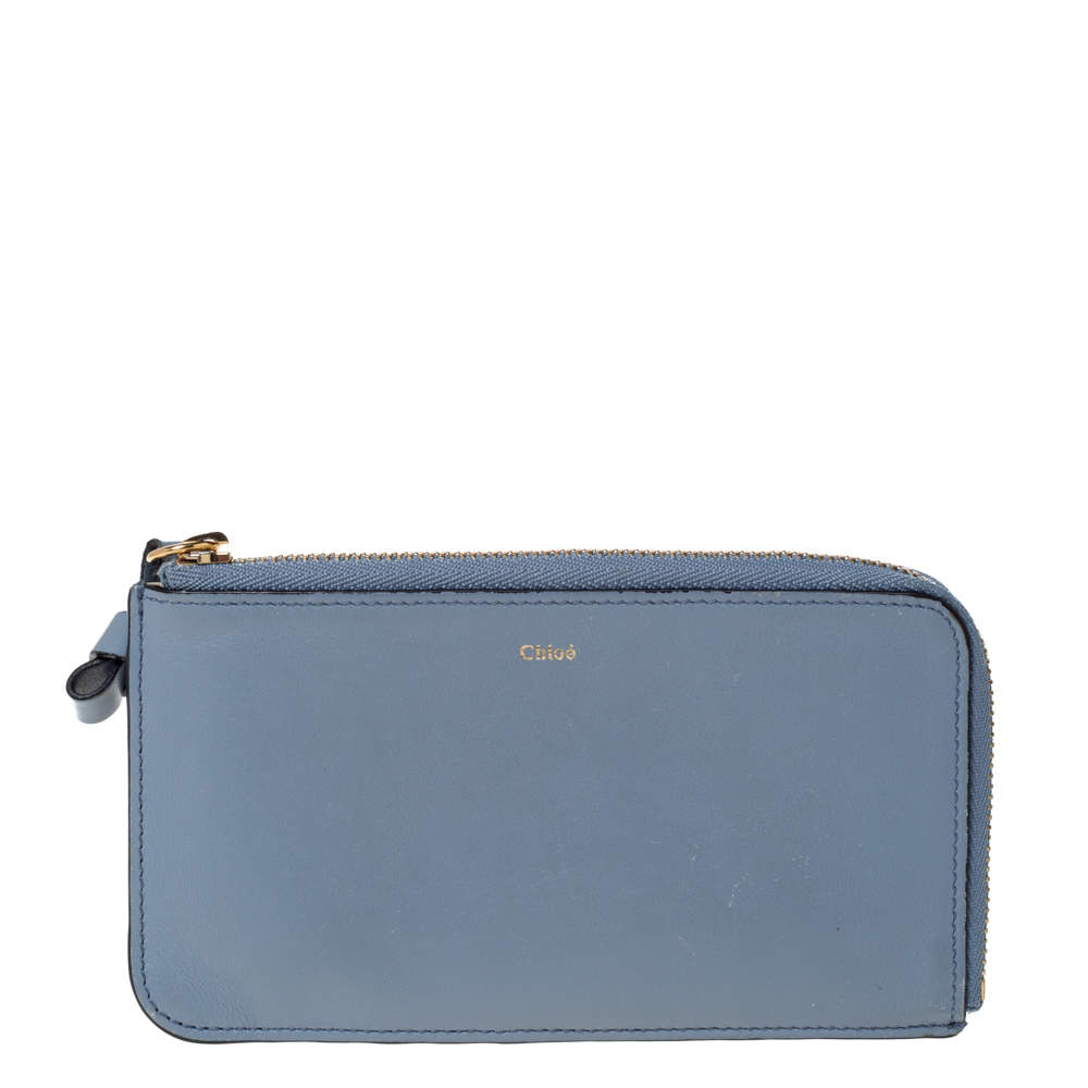 Pre Owned Chloe Powder Blue Leather Zip Card Holder